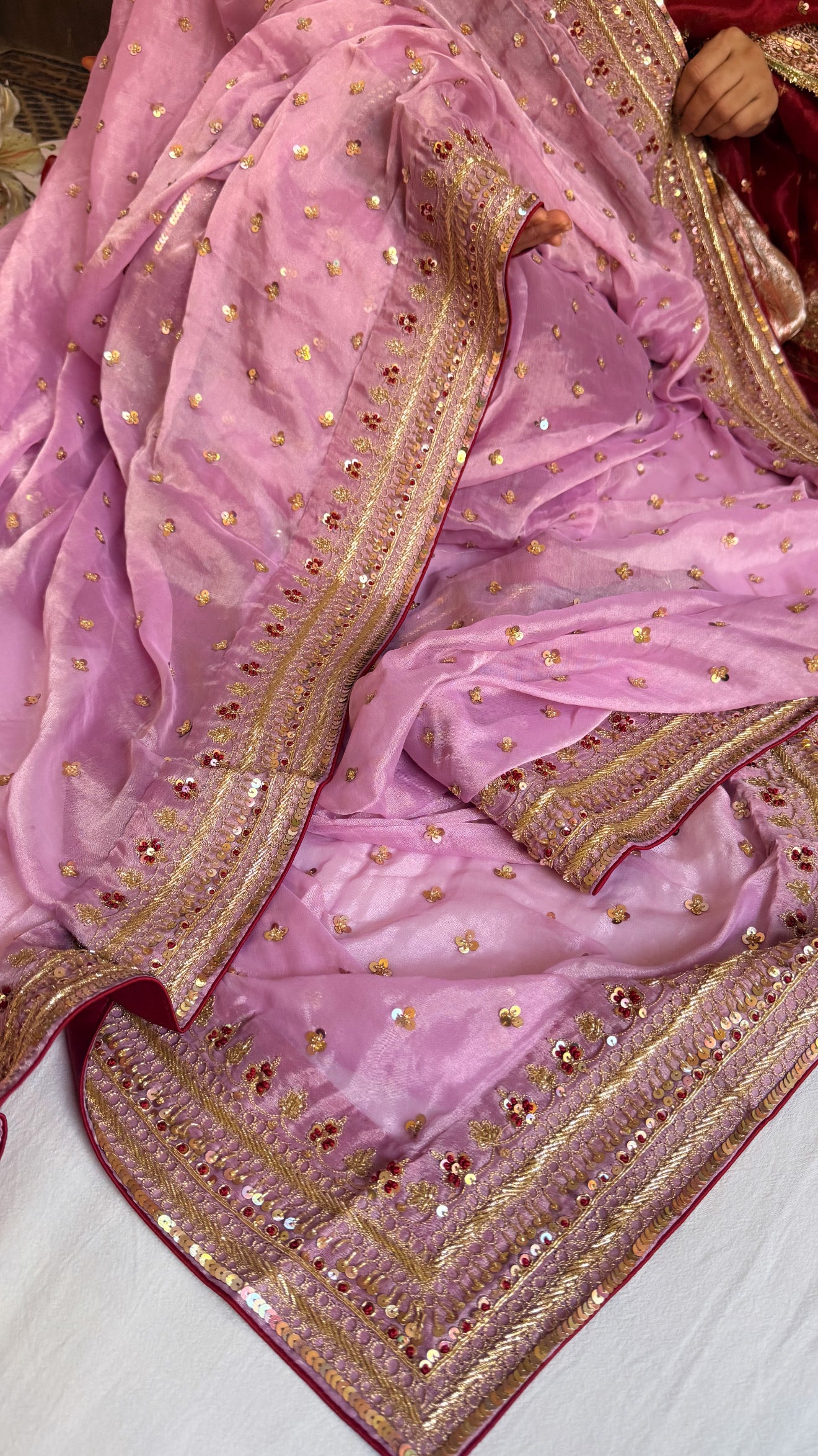 Blush pink tissue gorgette chunri buti hand embroidered kadhwa saree
