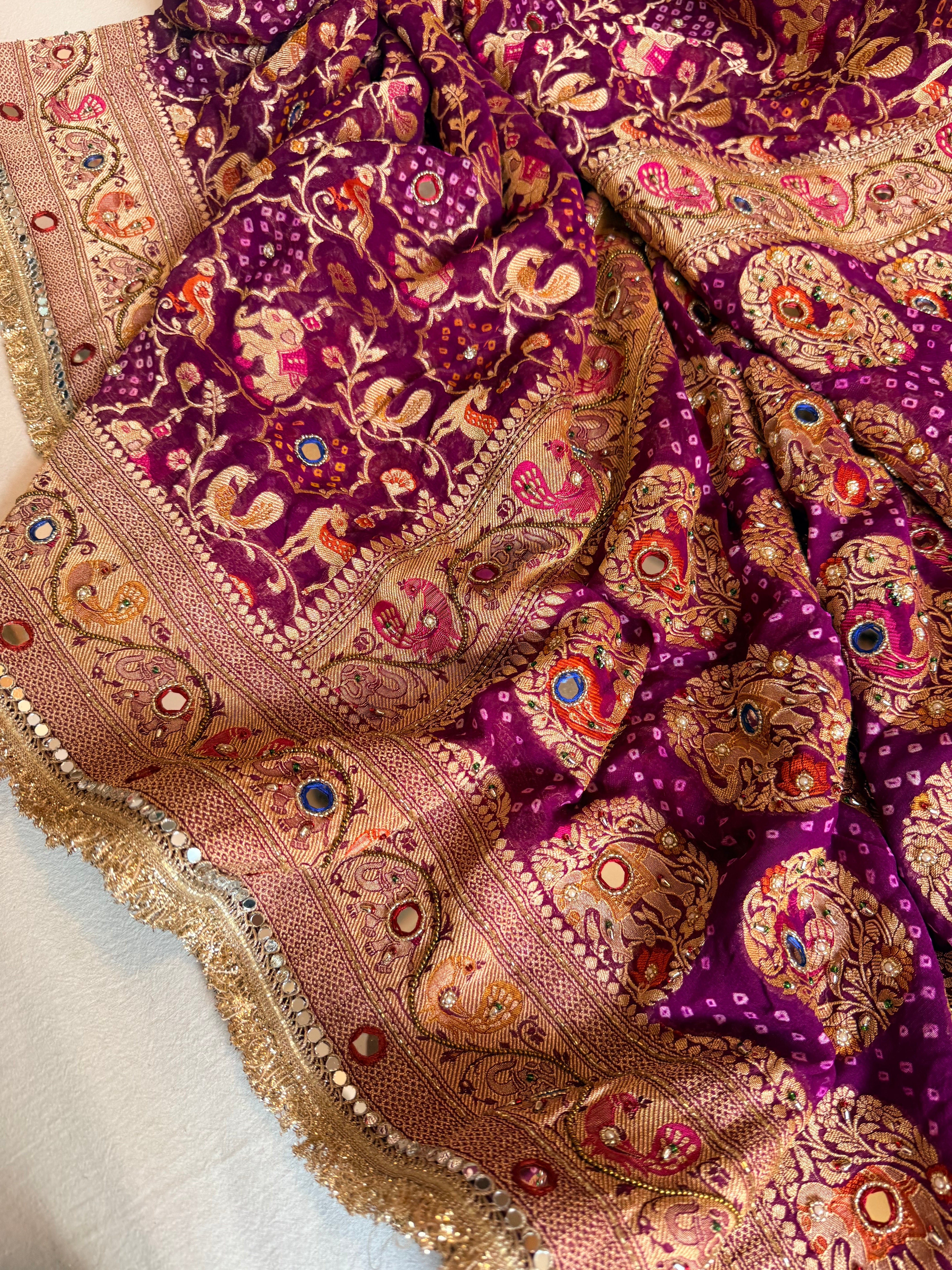 Banarasi chiffon gorgette rai bandhej kadhwa weaving hand embroidered saree