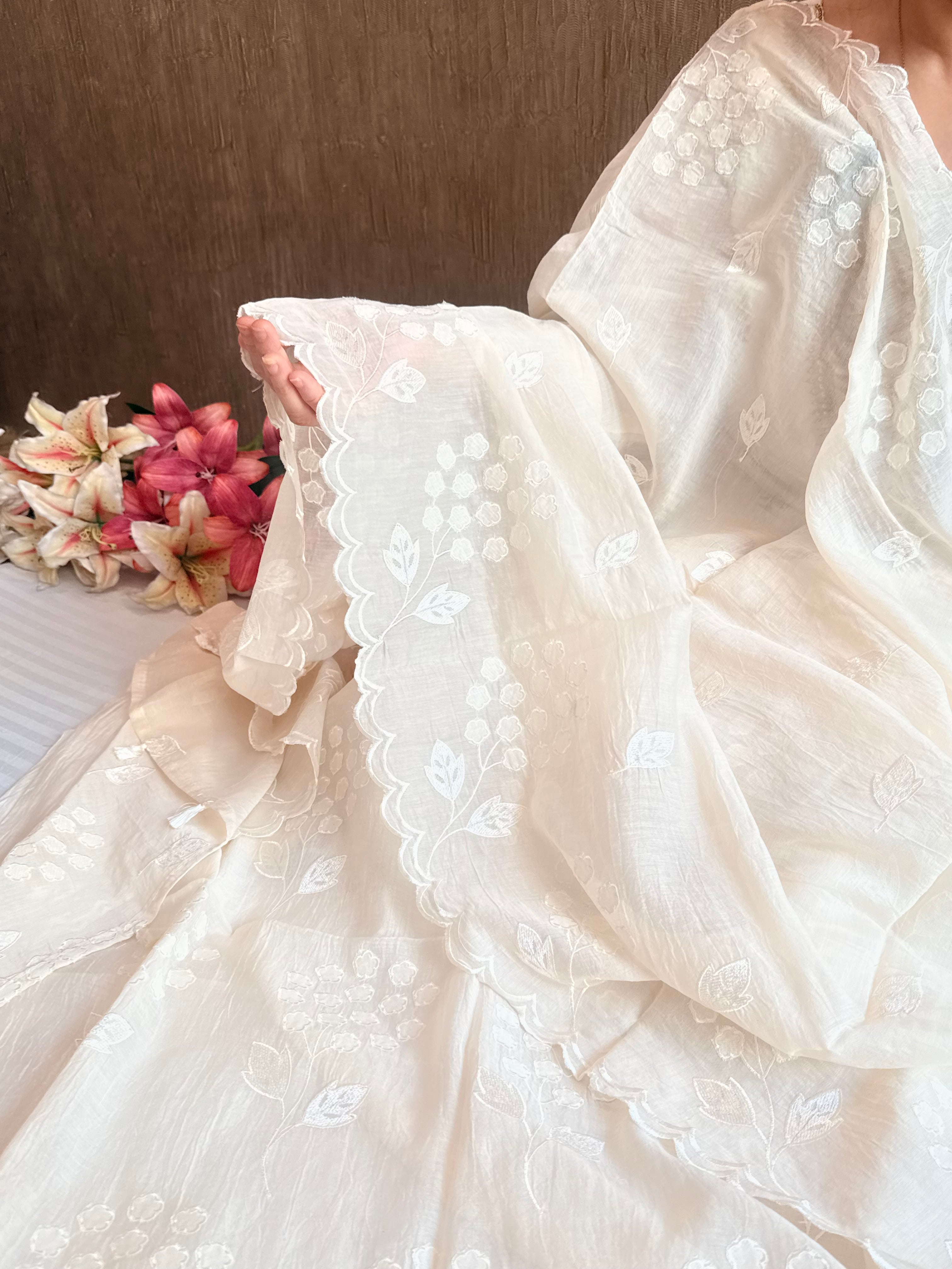 Alia bhatt inspired pearl white pink mulmul appliqué work suit set