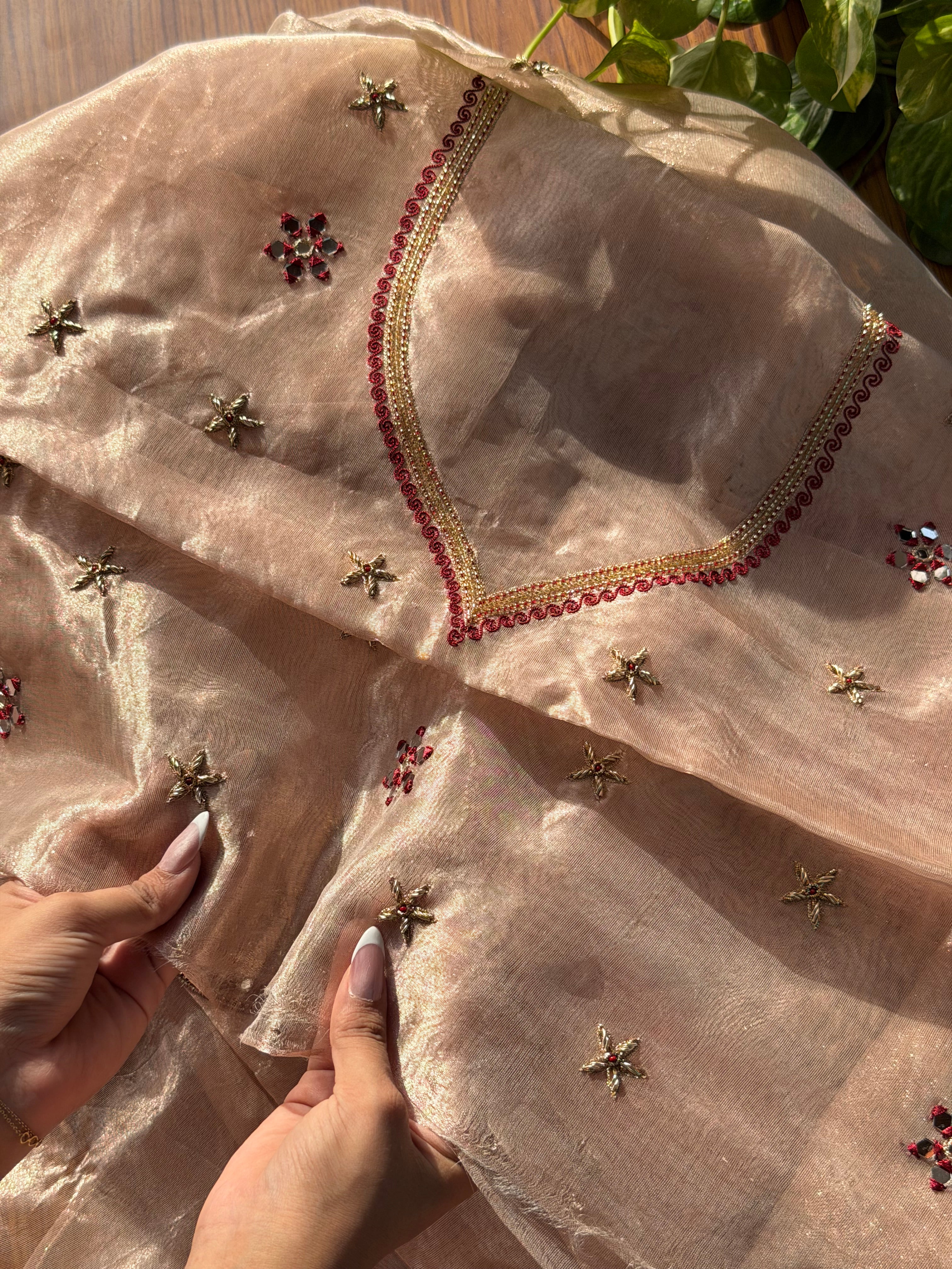 Pakezah edit - Ivory and red diamond tissue silk hand embroidered saree