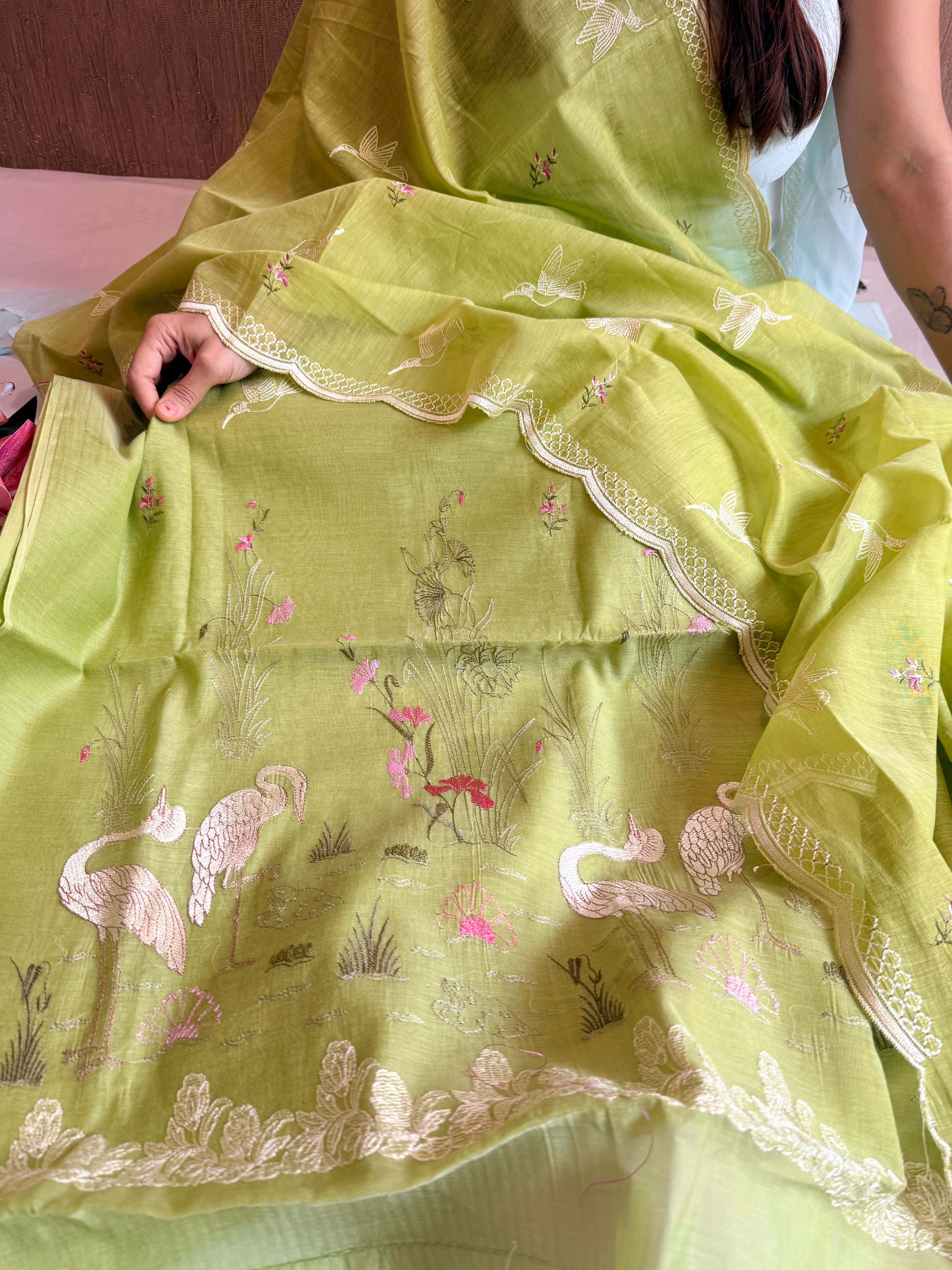 Grass green mul cotton flamingo resham hand embroidered suit set
