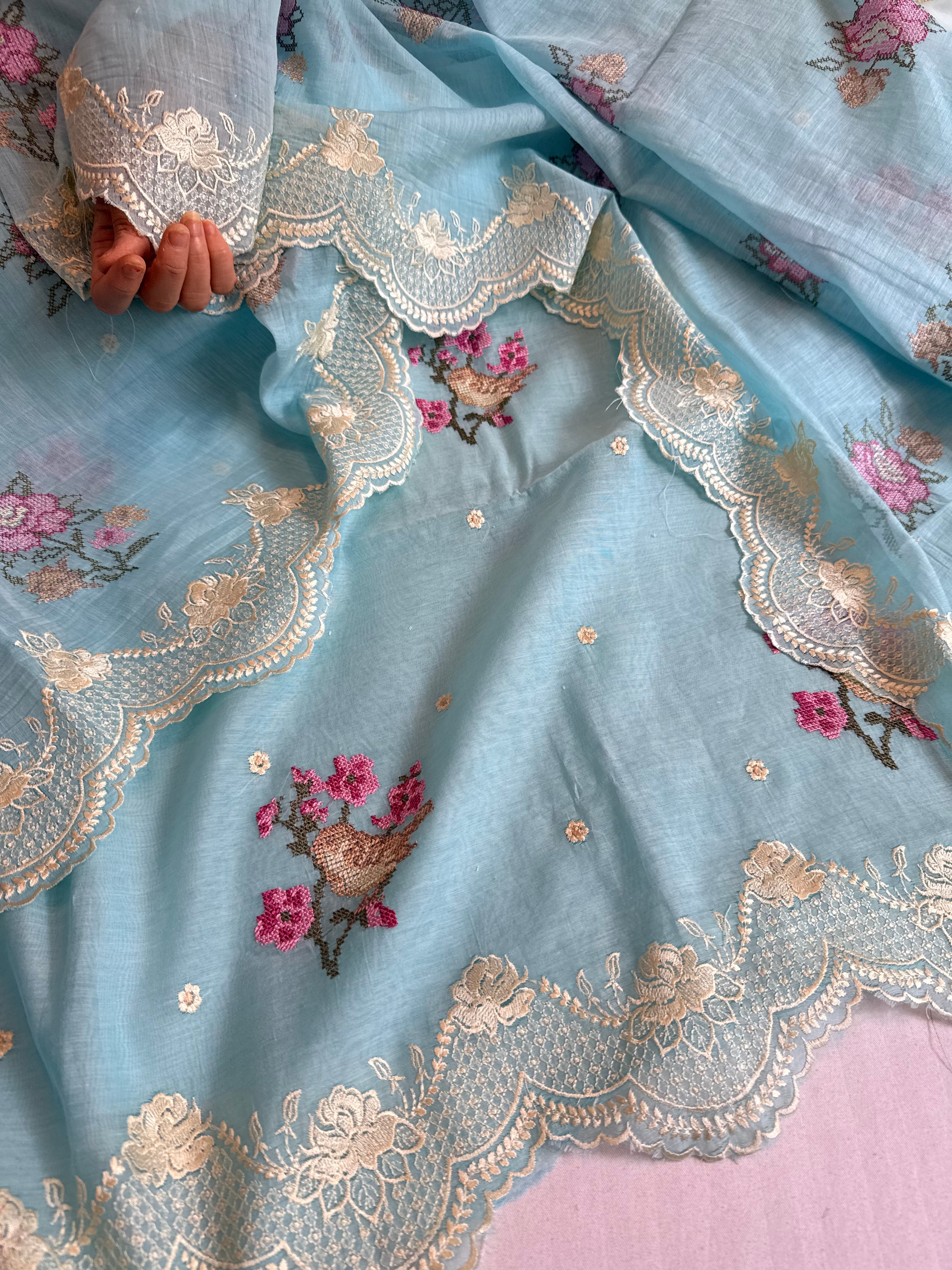 Blush blue cross-stitch hand embroidered resham work suit set
