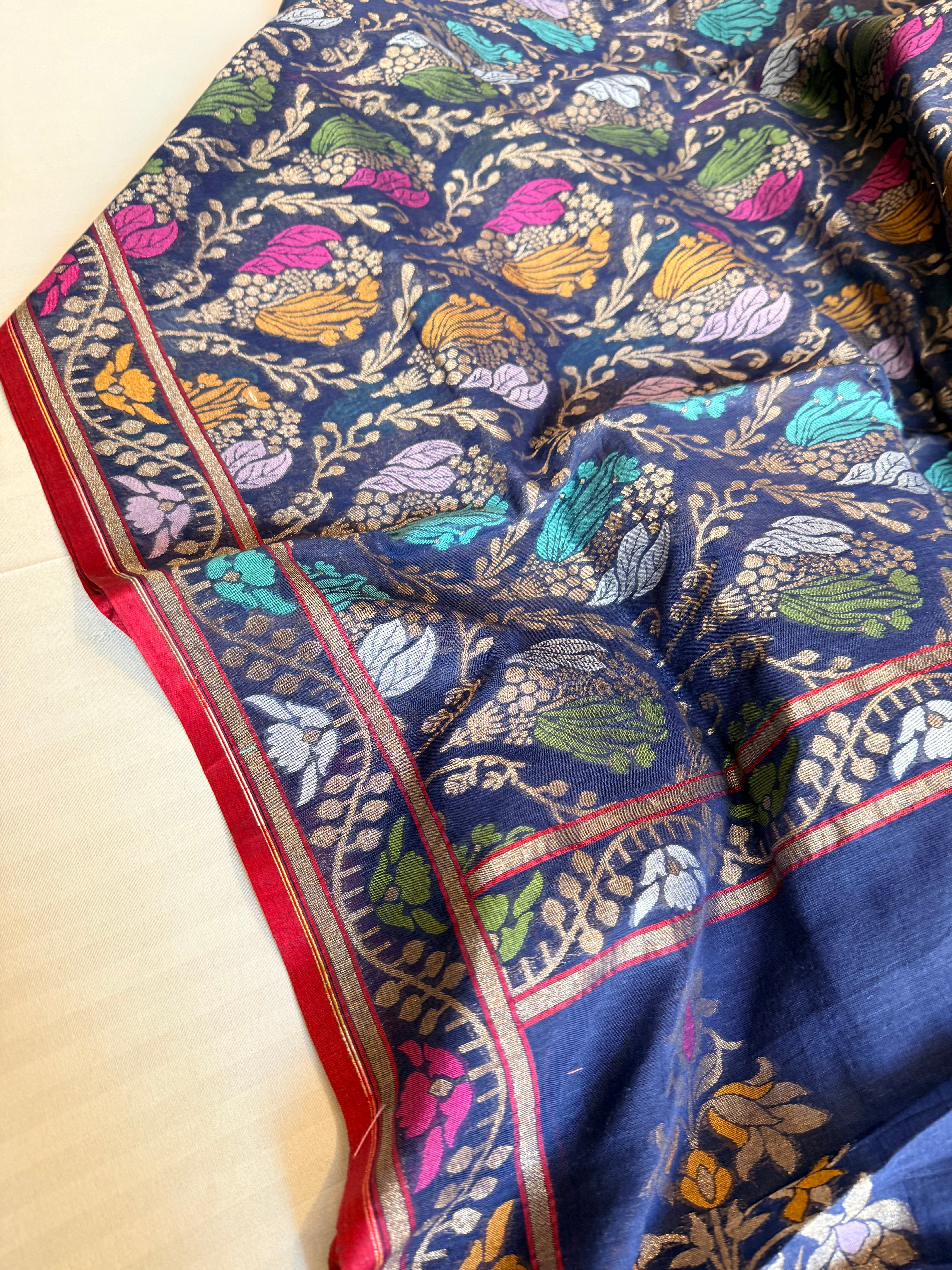 Iktara cotton jamdani navy blue meenakari saree