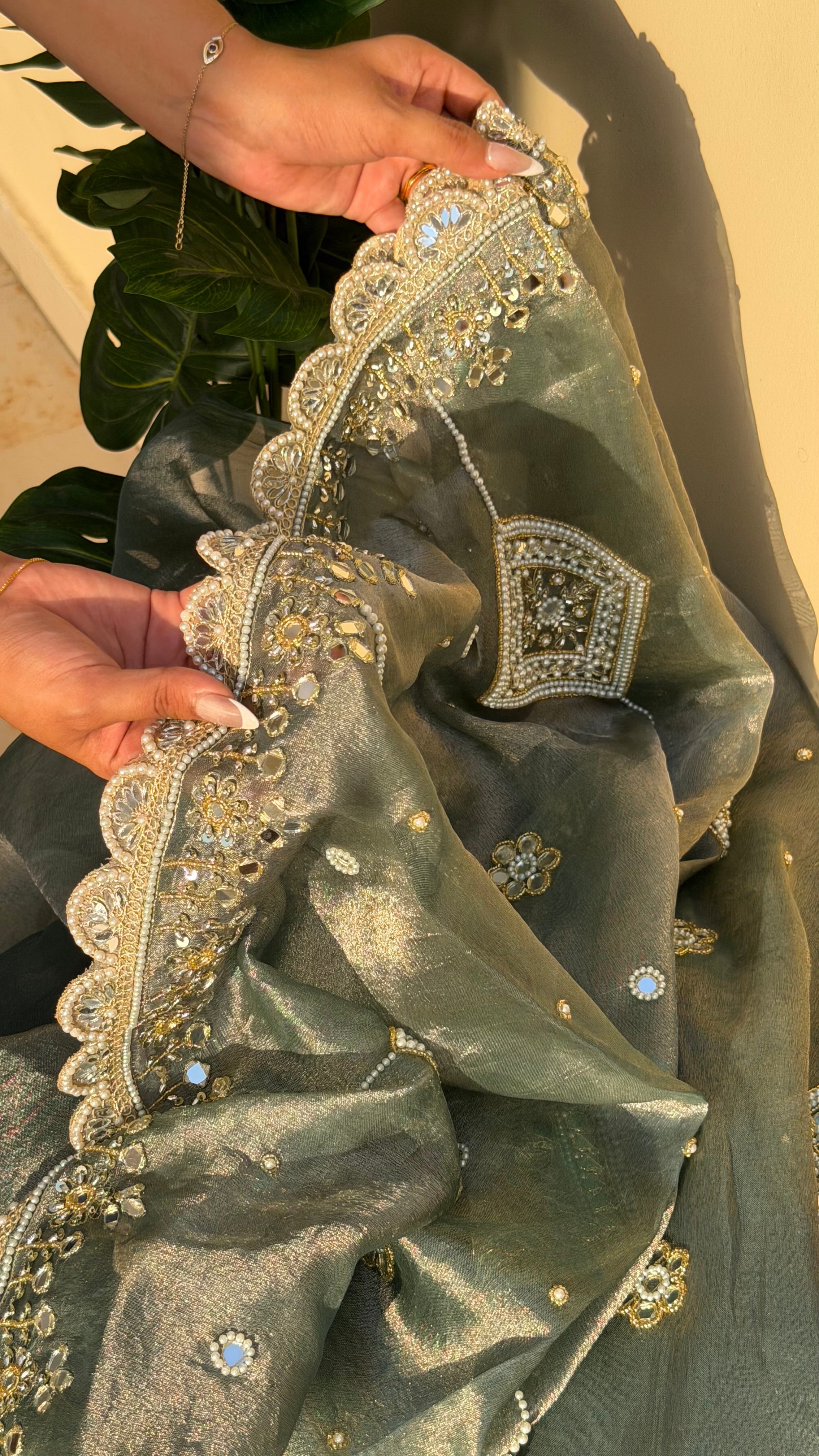 Coriander mint tissue silk pearlwork and mirrorwork hand embroidered saree