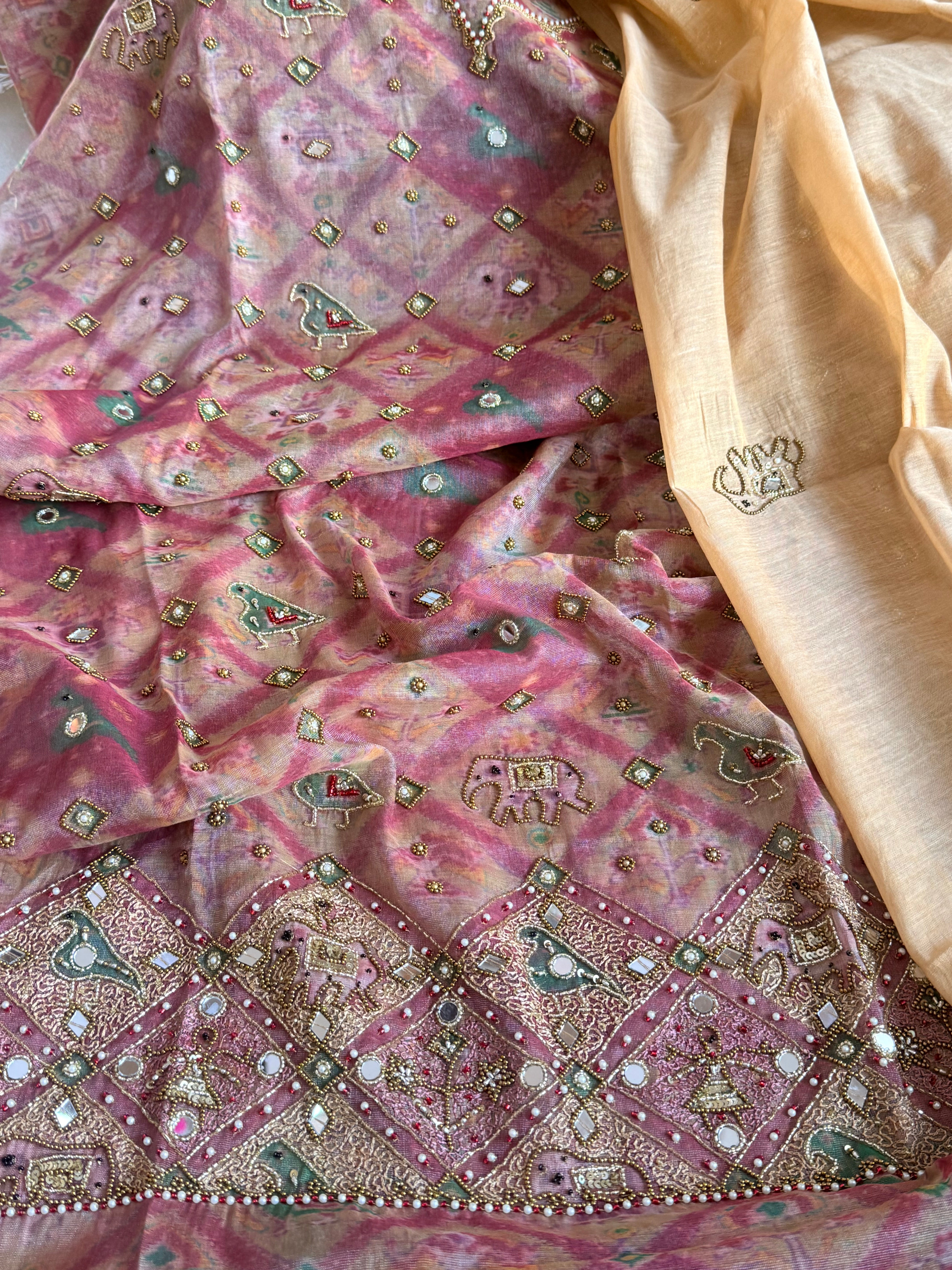 Patola weaving hand embroidered mul cotton tissue suit sets