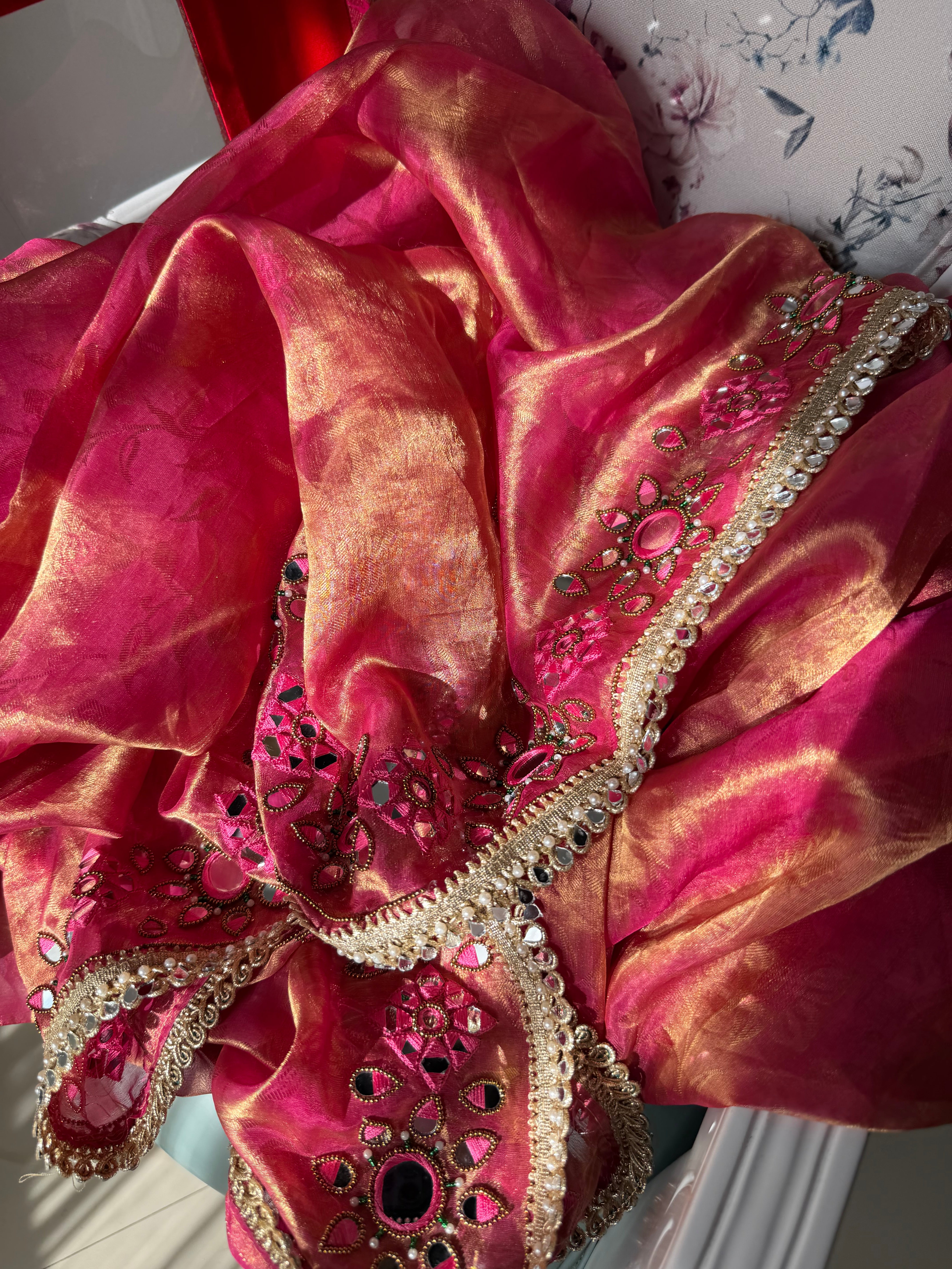 Desi barbie pink tissue tanchoi mirrorwork banarasi kadhwa saree