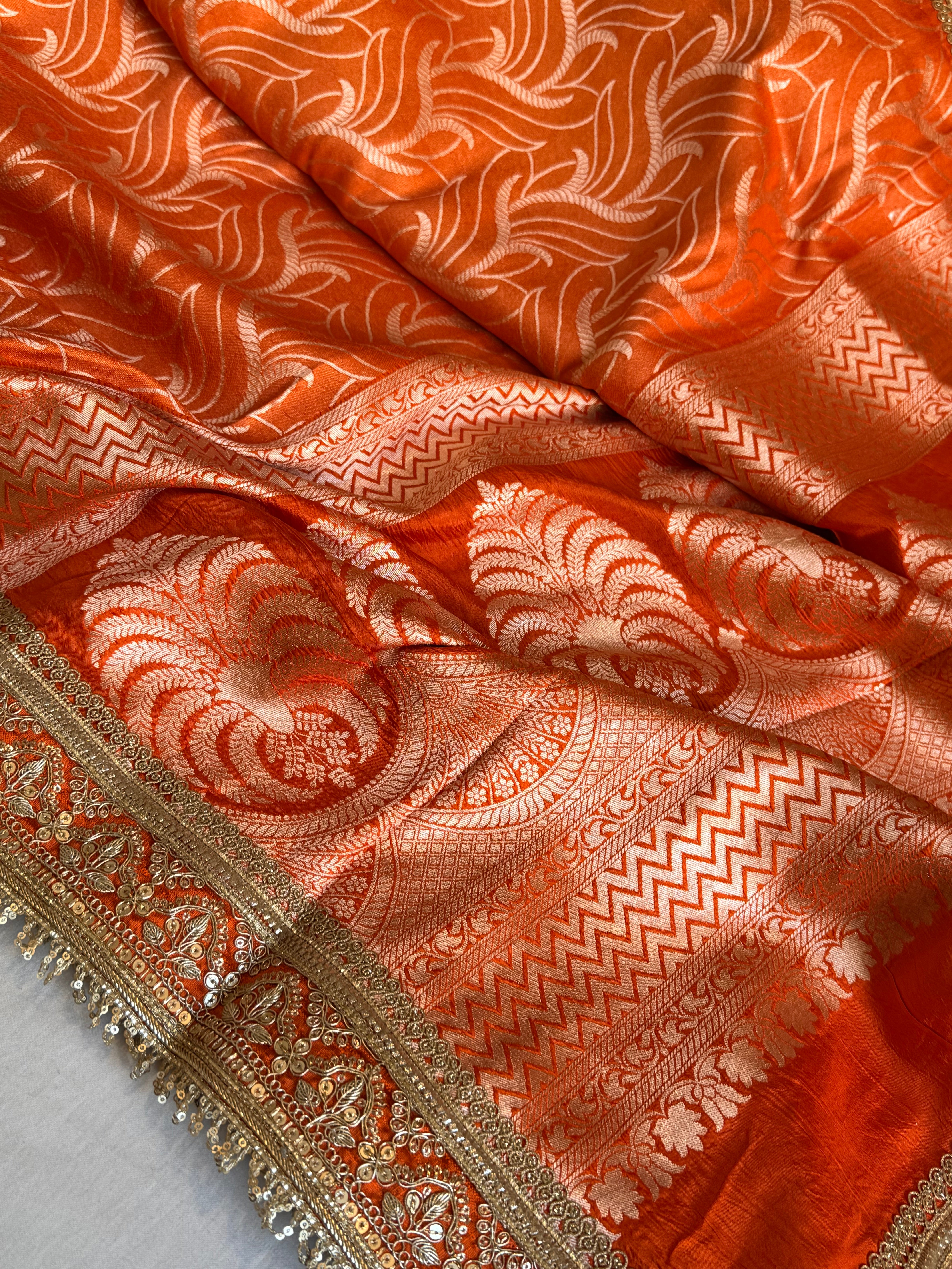 Fanta orange raw mango silk abstract weaving kadhwa saree