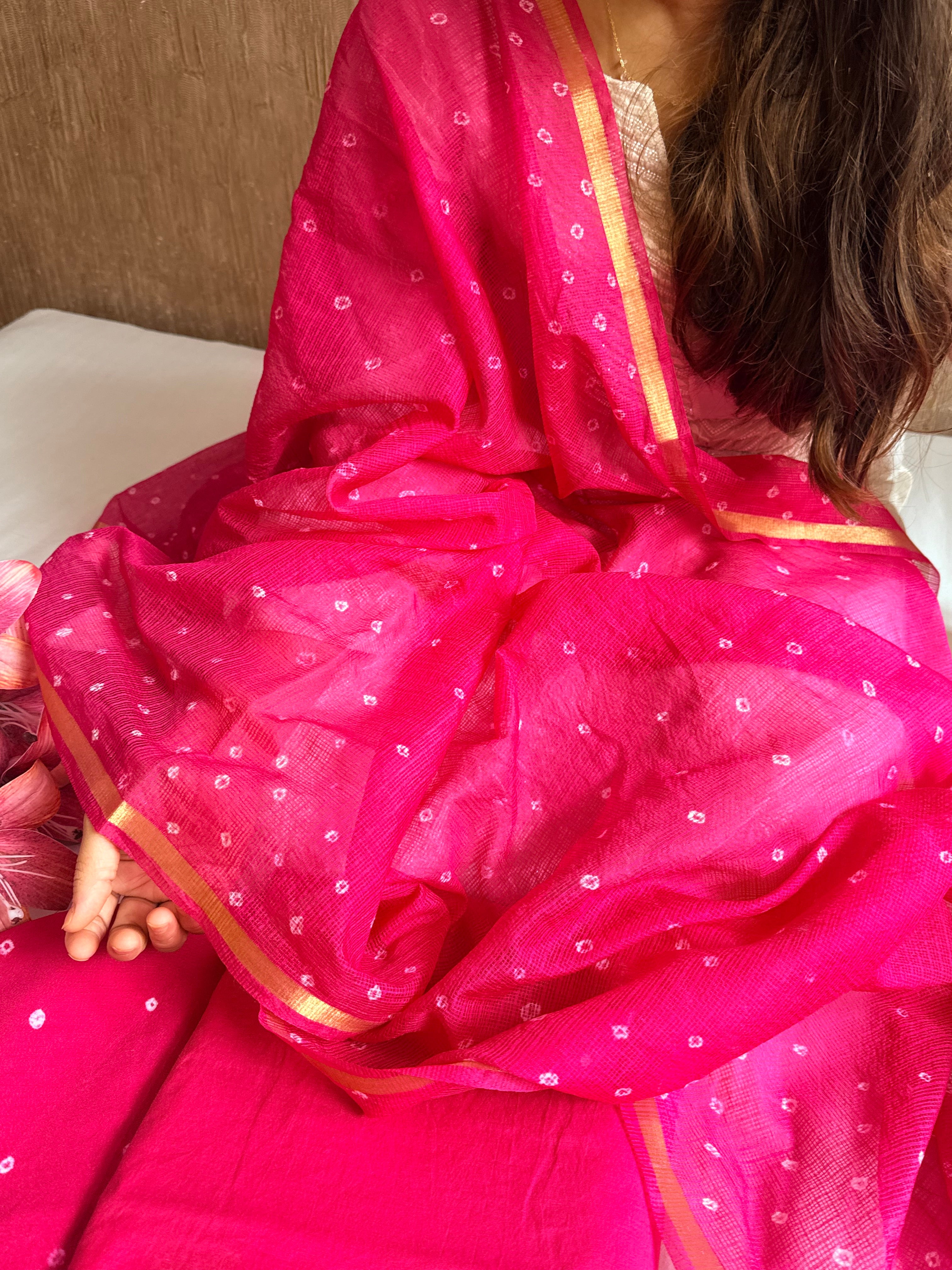 Below 8k- Mul cotton handloom kurta paired with bandhej dyed kota silk duppata set
