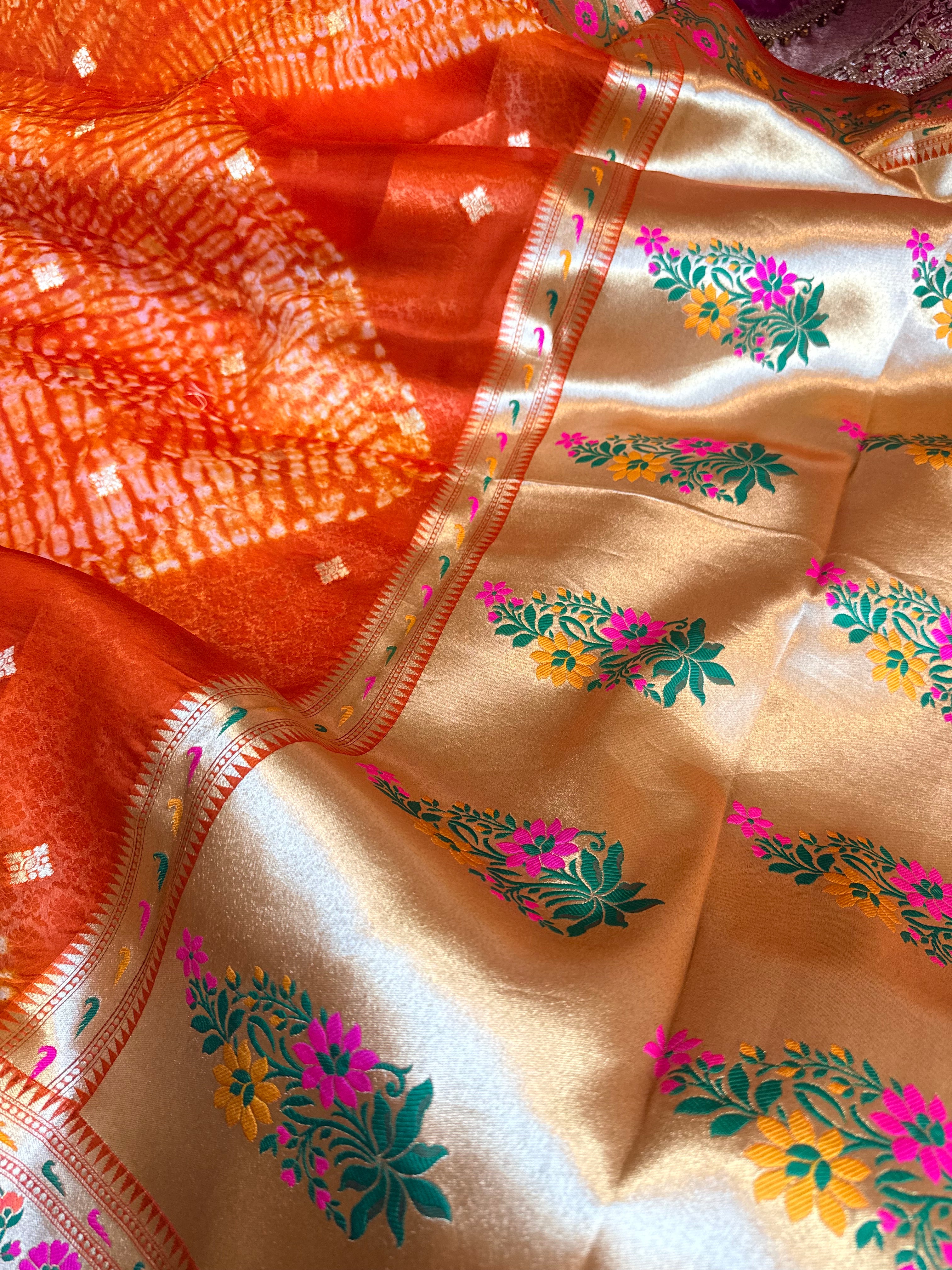 Fanta orange kora silk paithani border meenakari arshi dye saree