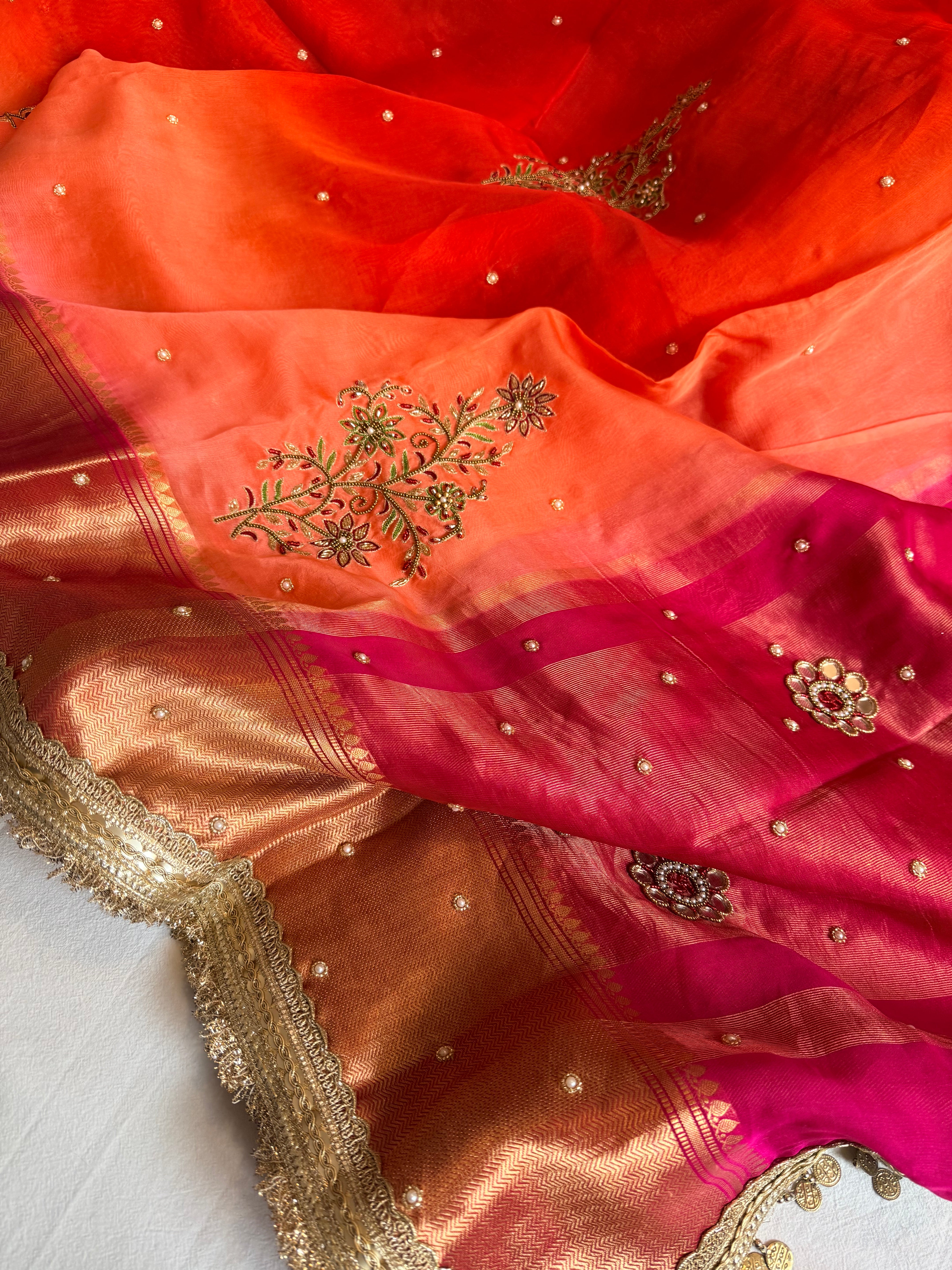 Husn ganga jamuna contrast border kora silk hand embroidered saree
