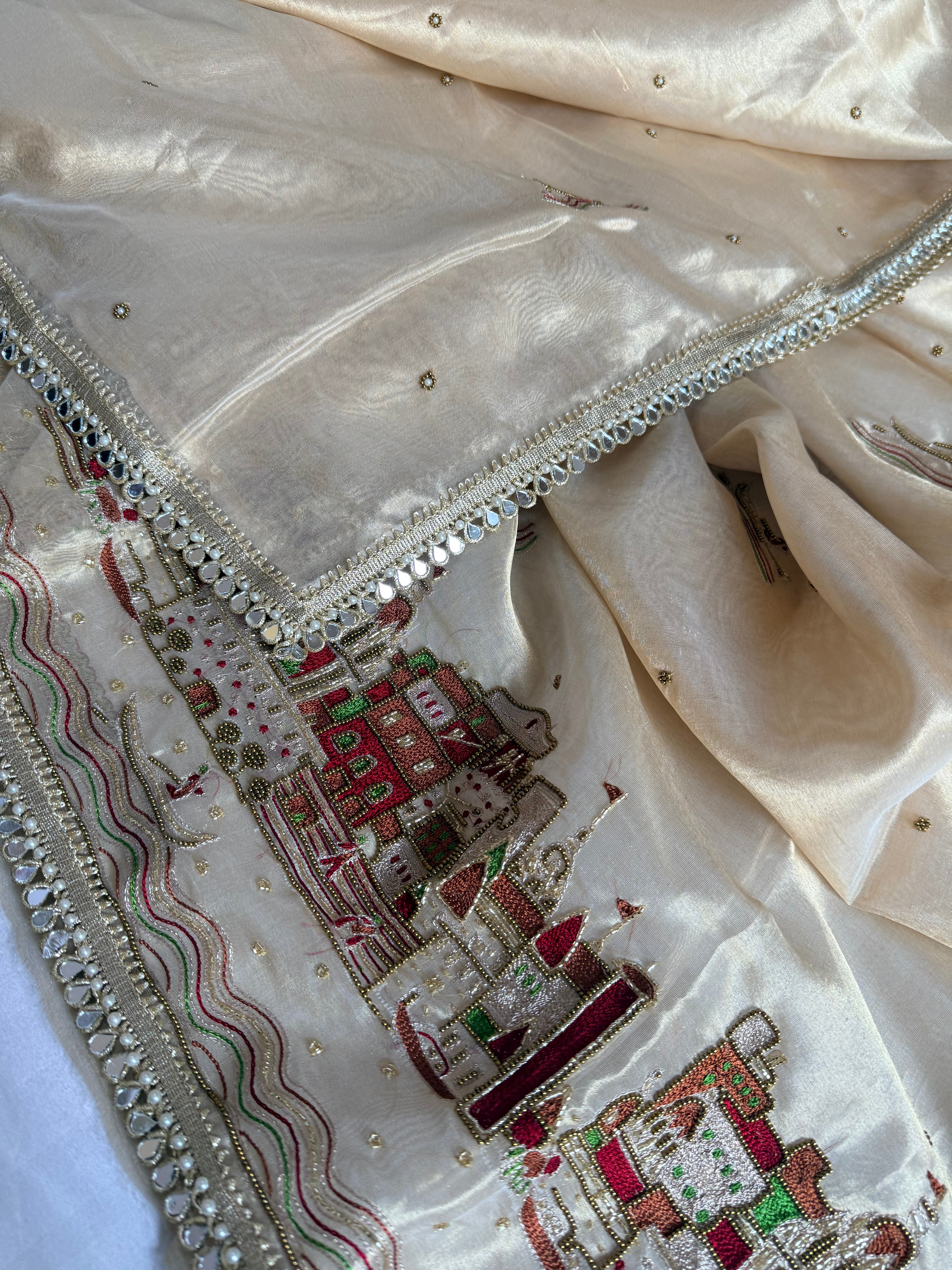 Gangaghat molten gold tissue silk hand embroidered suit set