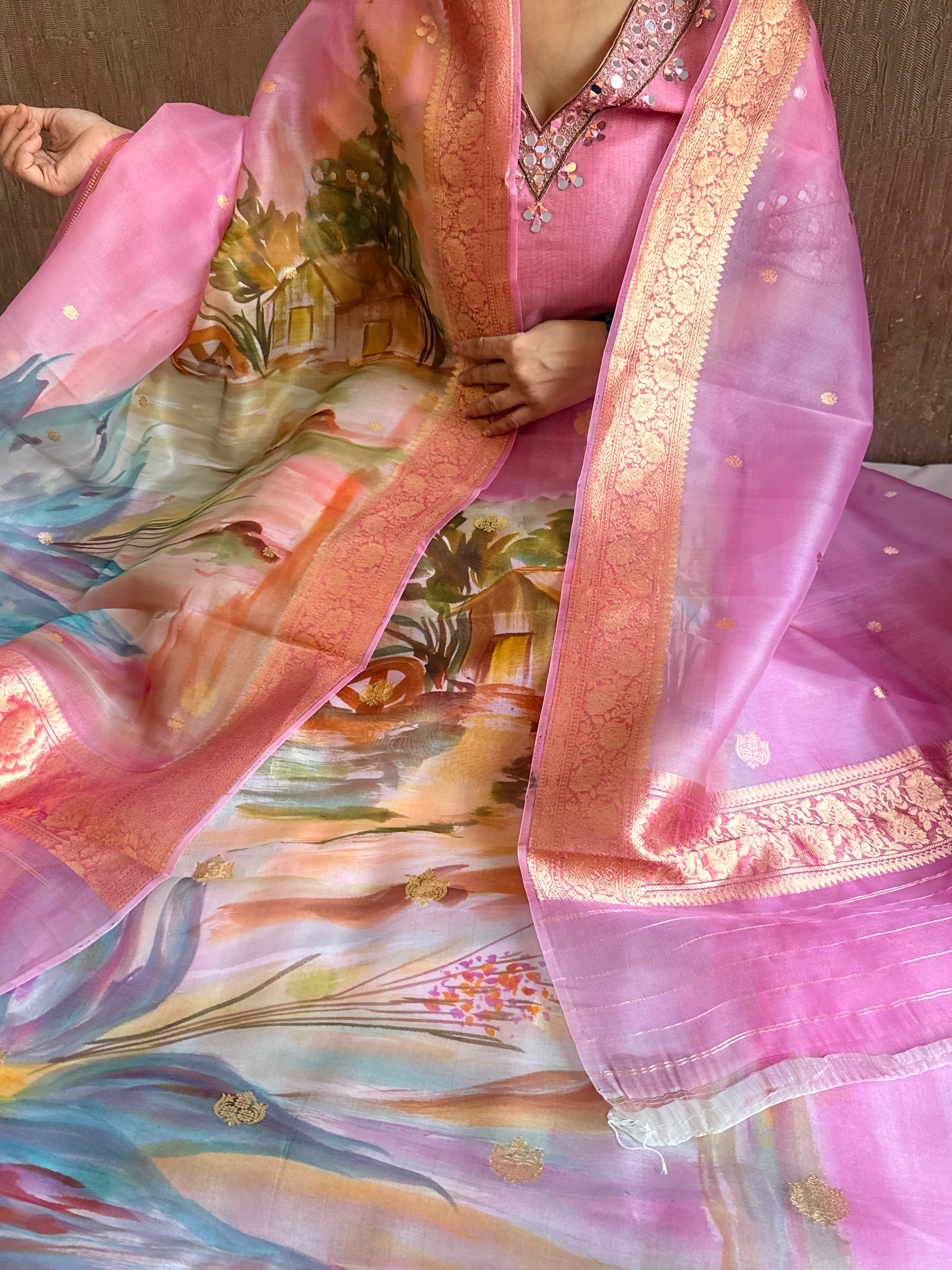 Banarasi kora silk handpainted ghatwork kadhwa buti rainbow dye suits