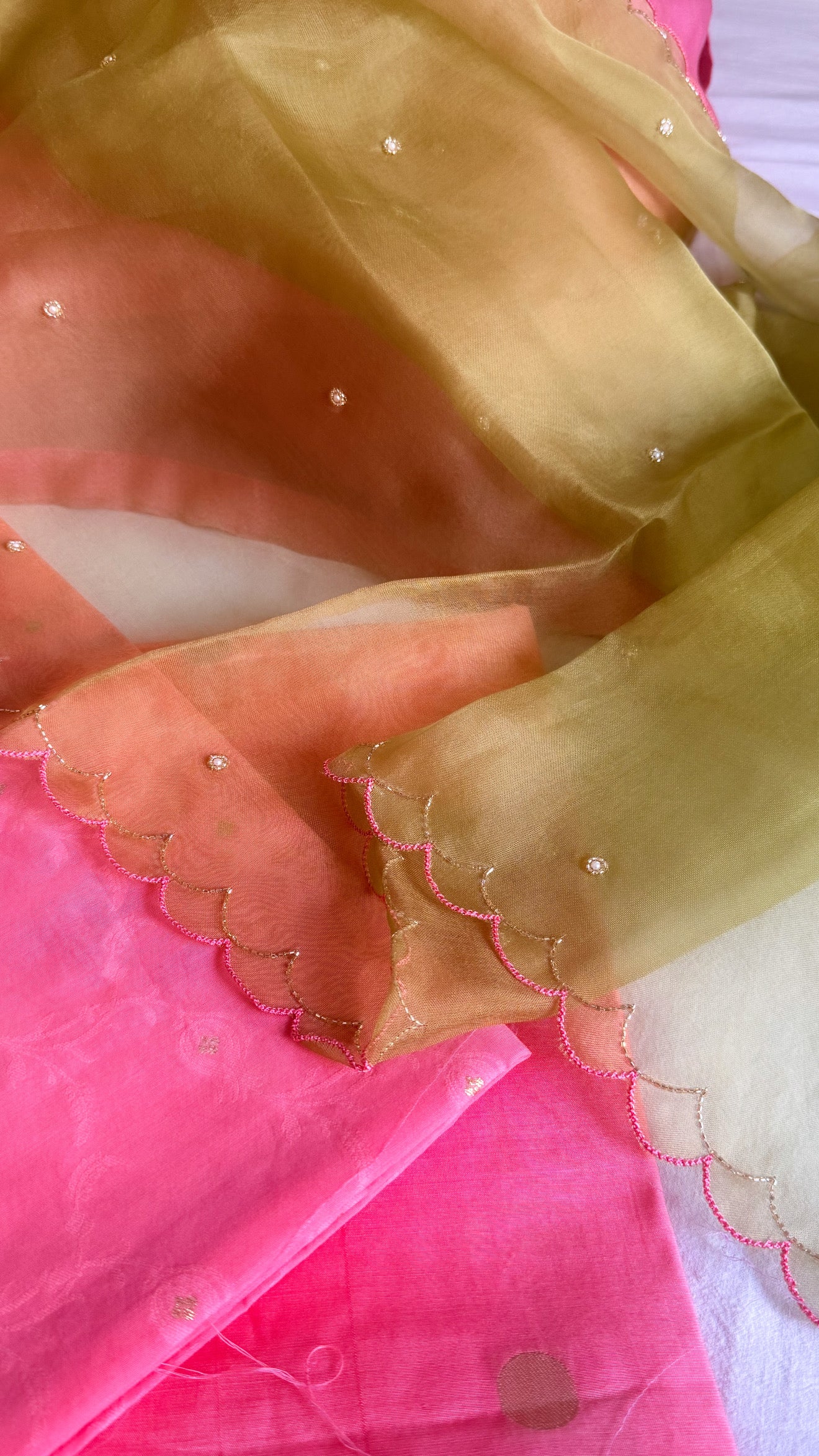Summer suits under 8k - Mul cotton pink kurta paired with kora silk scalloped green duppata set