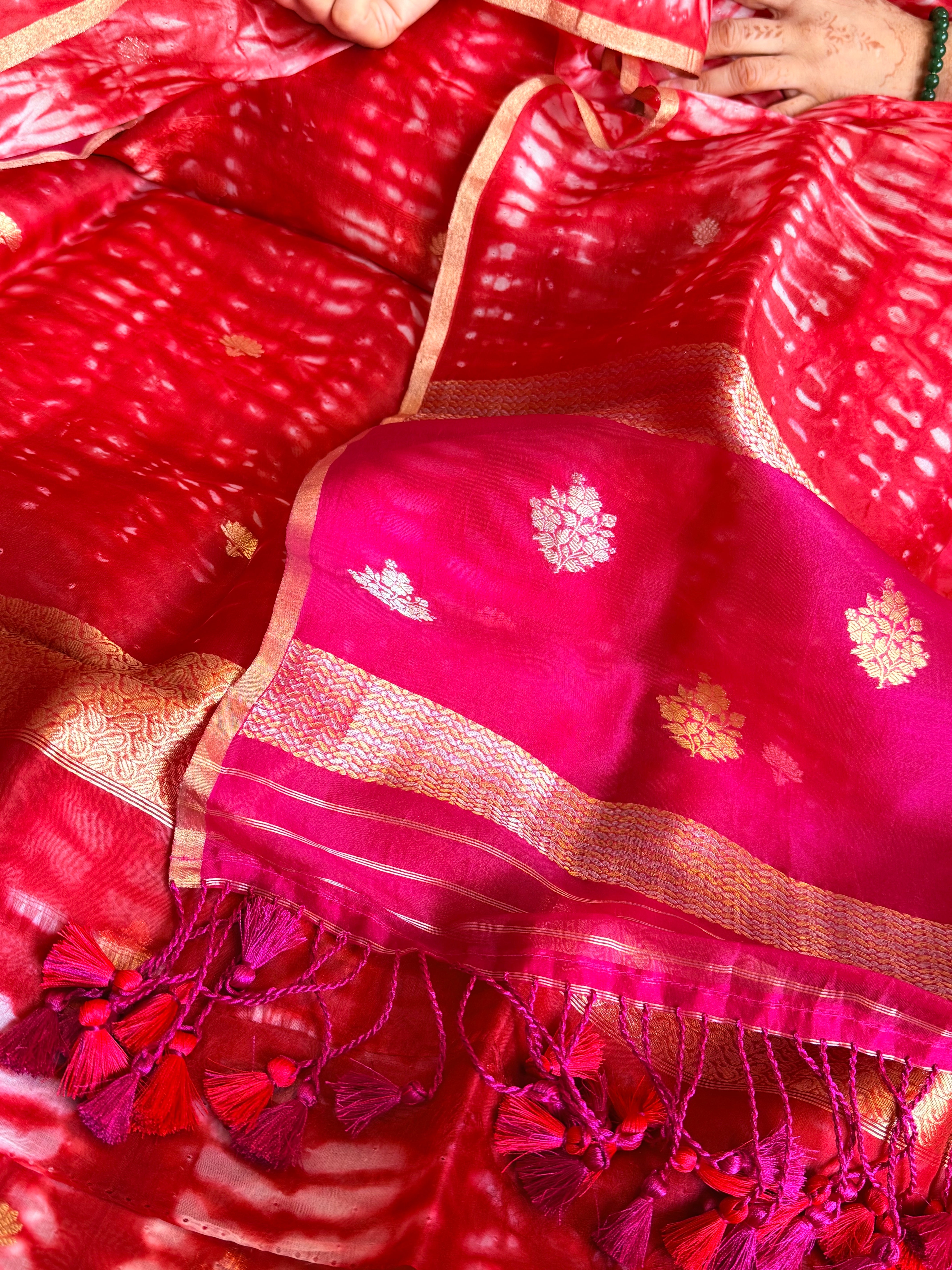 Cherry red banarasi blue kora silk shibori dye kadhwa suit set