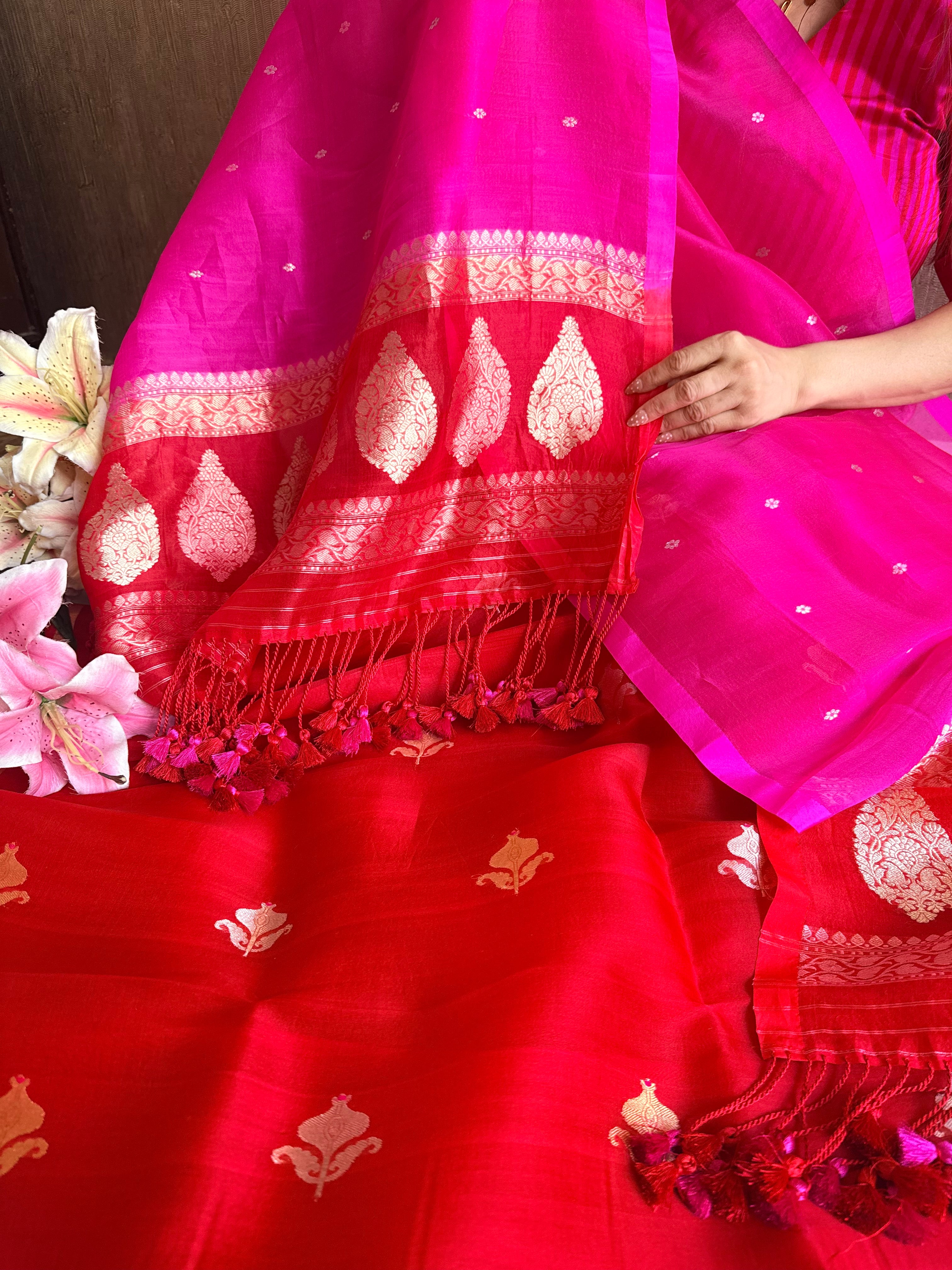 Red rani & orange shaded kora silk chal dye kadhwa banarasi suit set