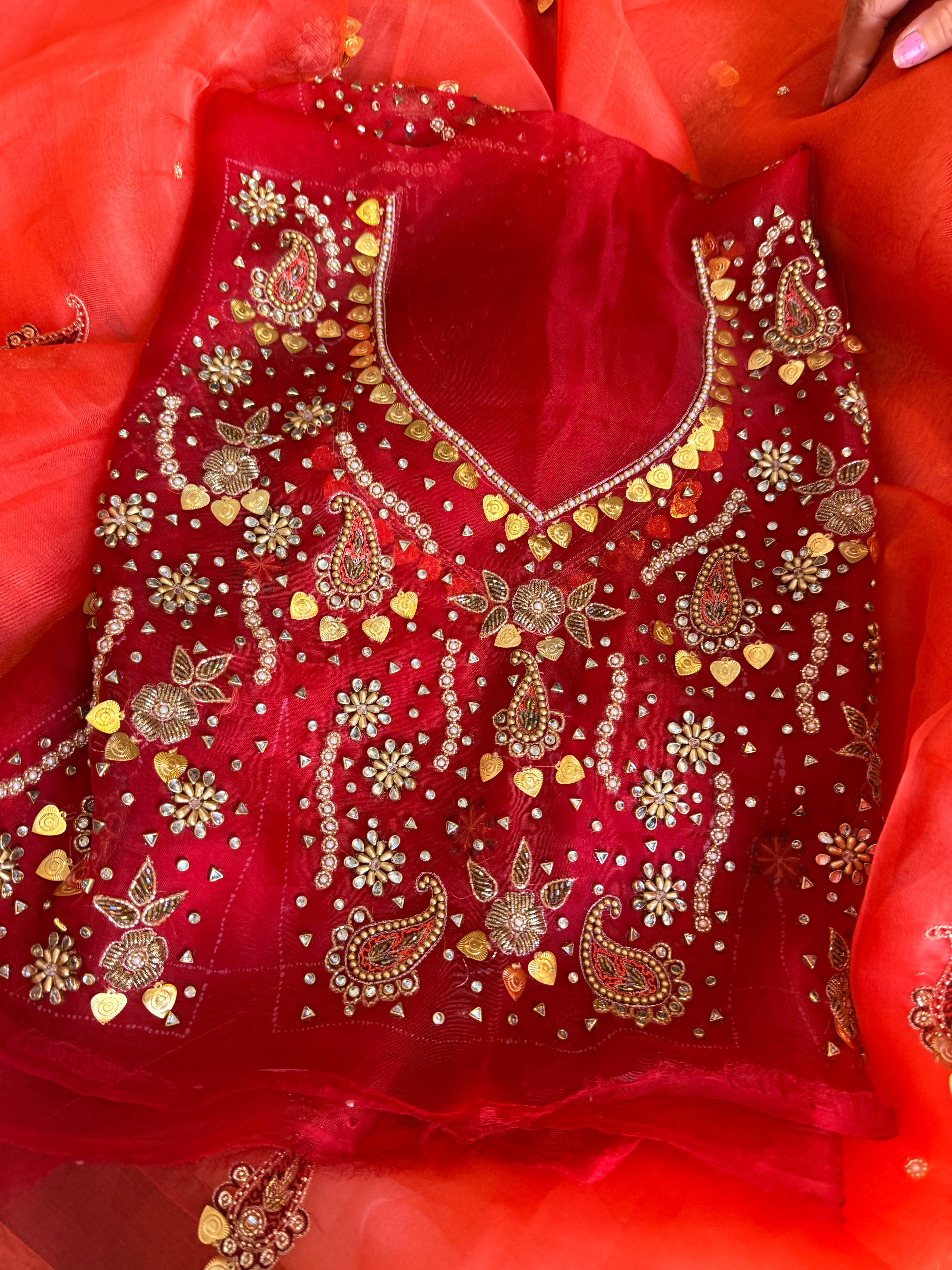 Traditional carry motif - Gajri and red combination kora silk hand embroidered saree