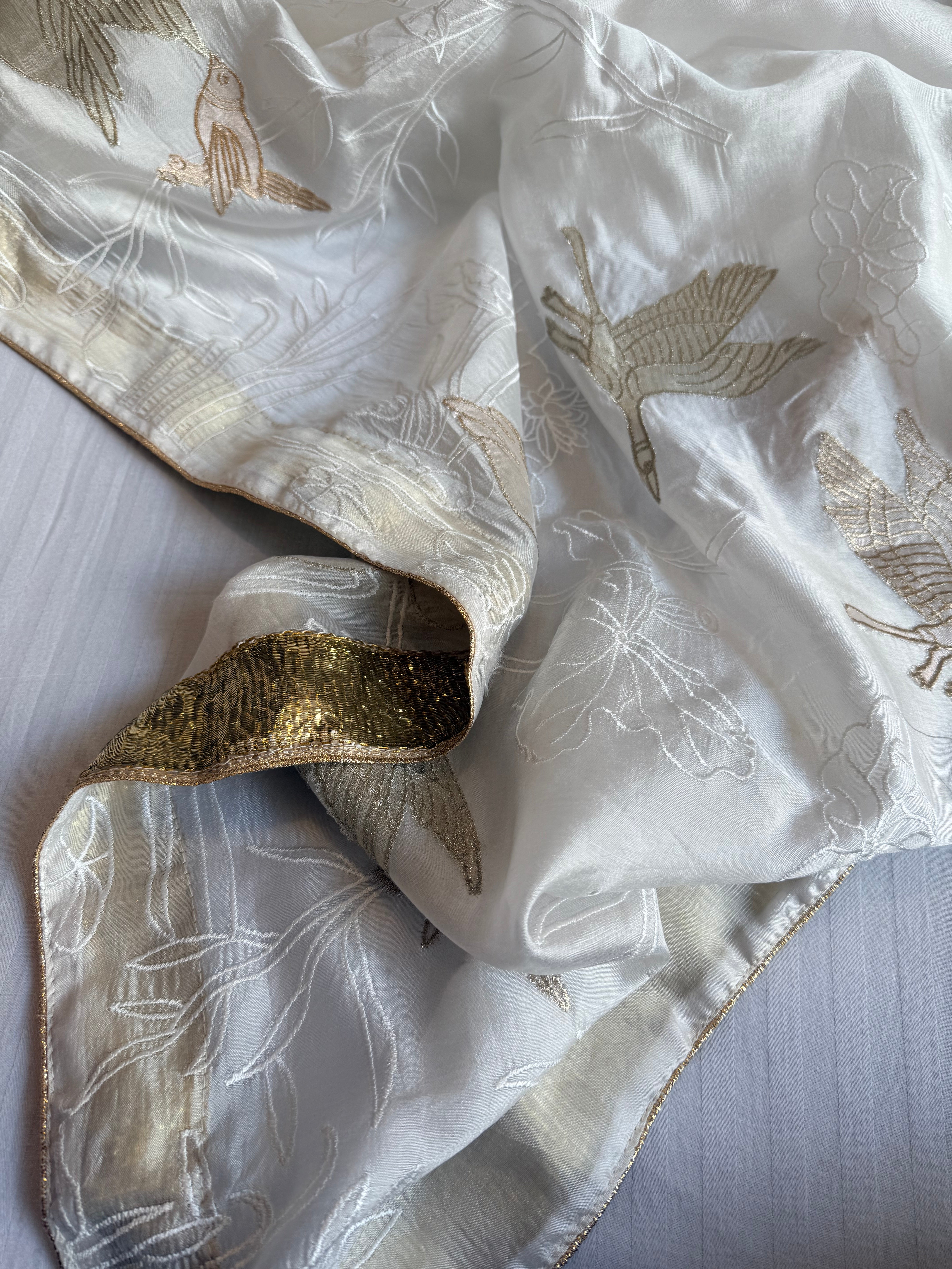 Hans wala safeed spun chiniya silk appliqué tissue hand embroidered lampiwork saree