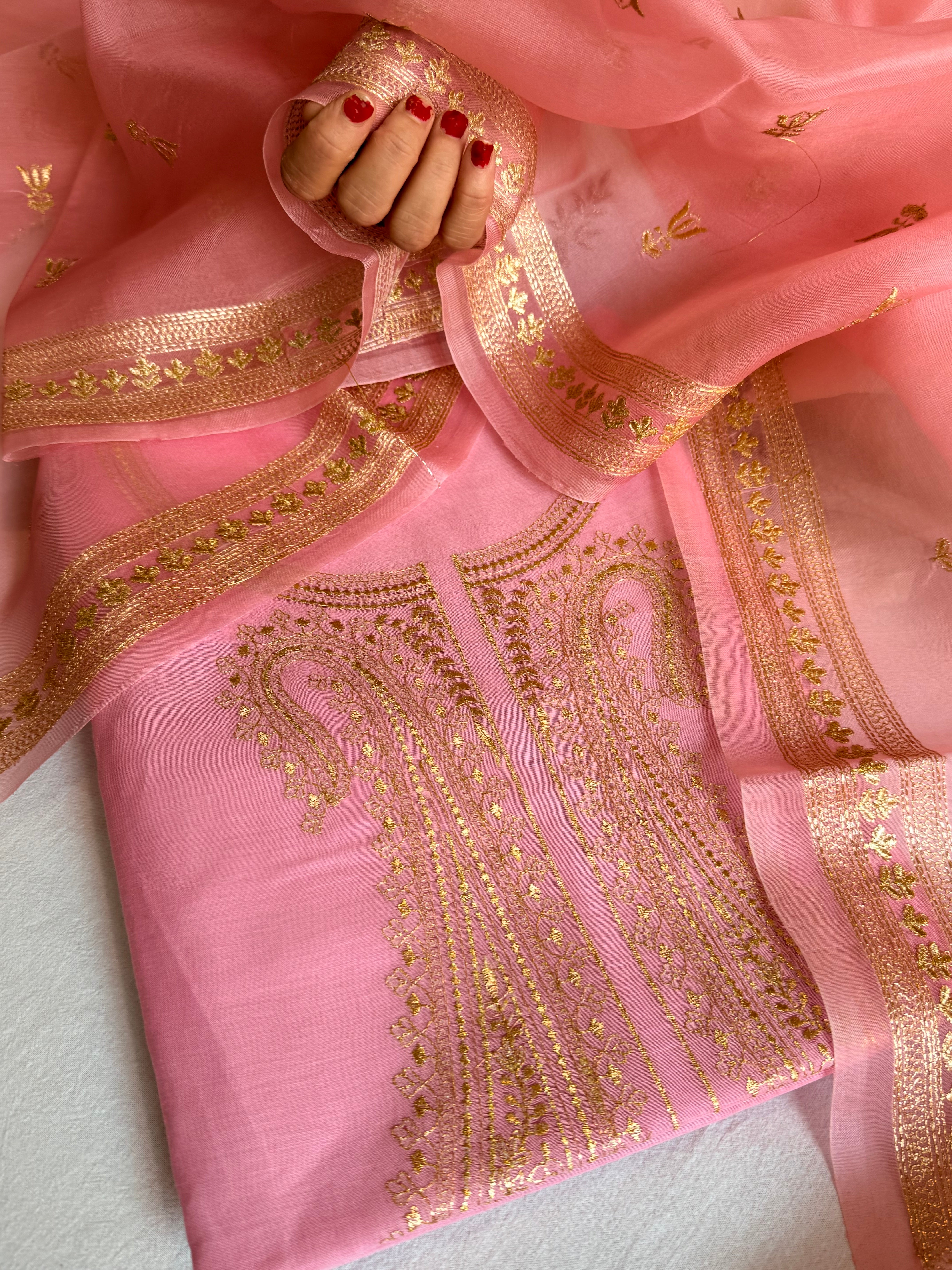 Mul cotton aariwork hand embroidered banarasi suit set