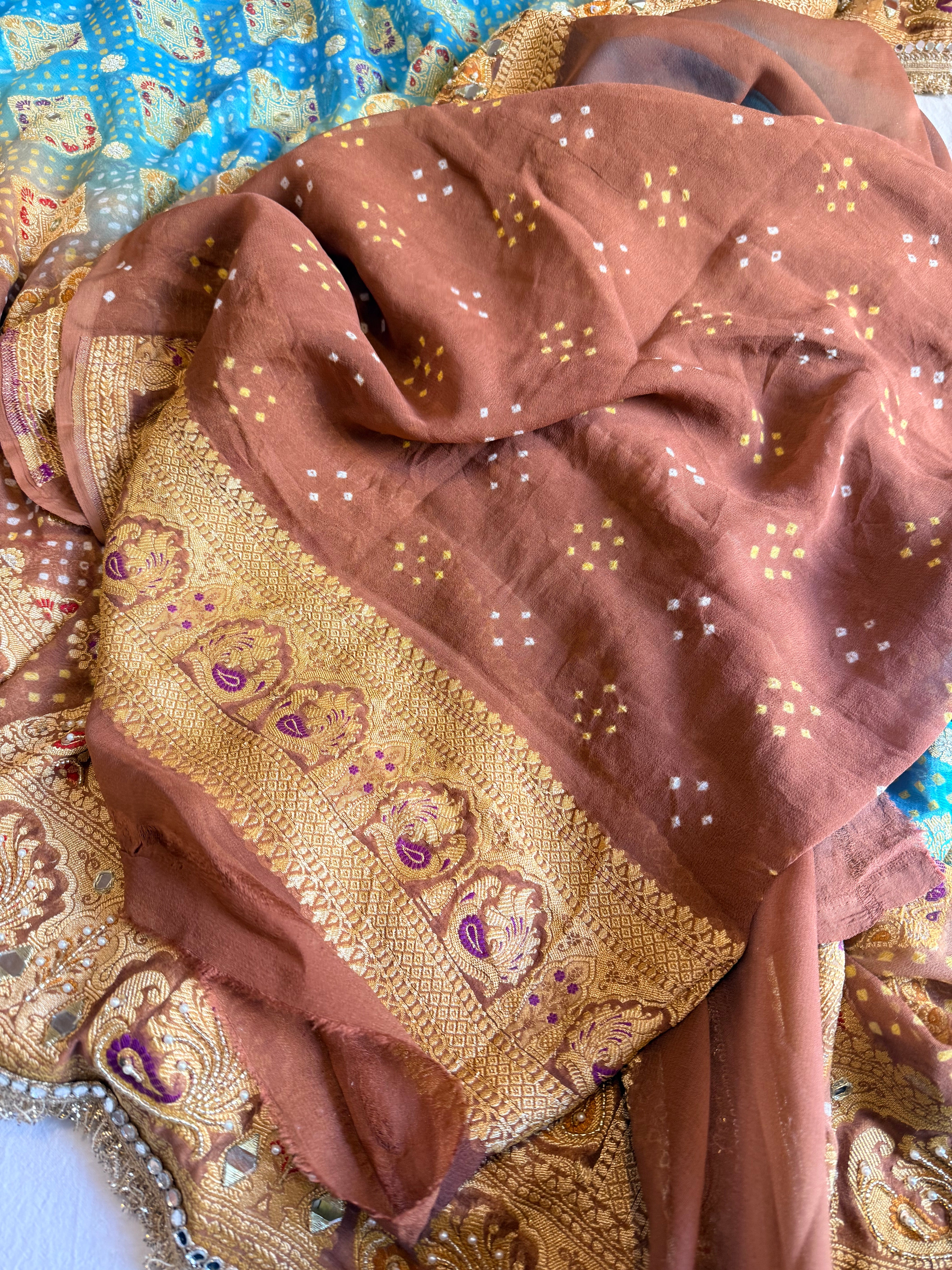 Banarasi blush shades of chiffon rai bandhej mirror work hand embroidered saree