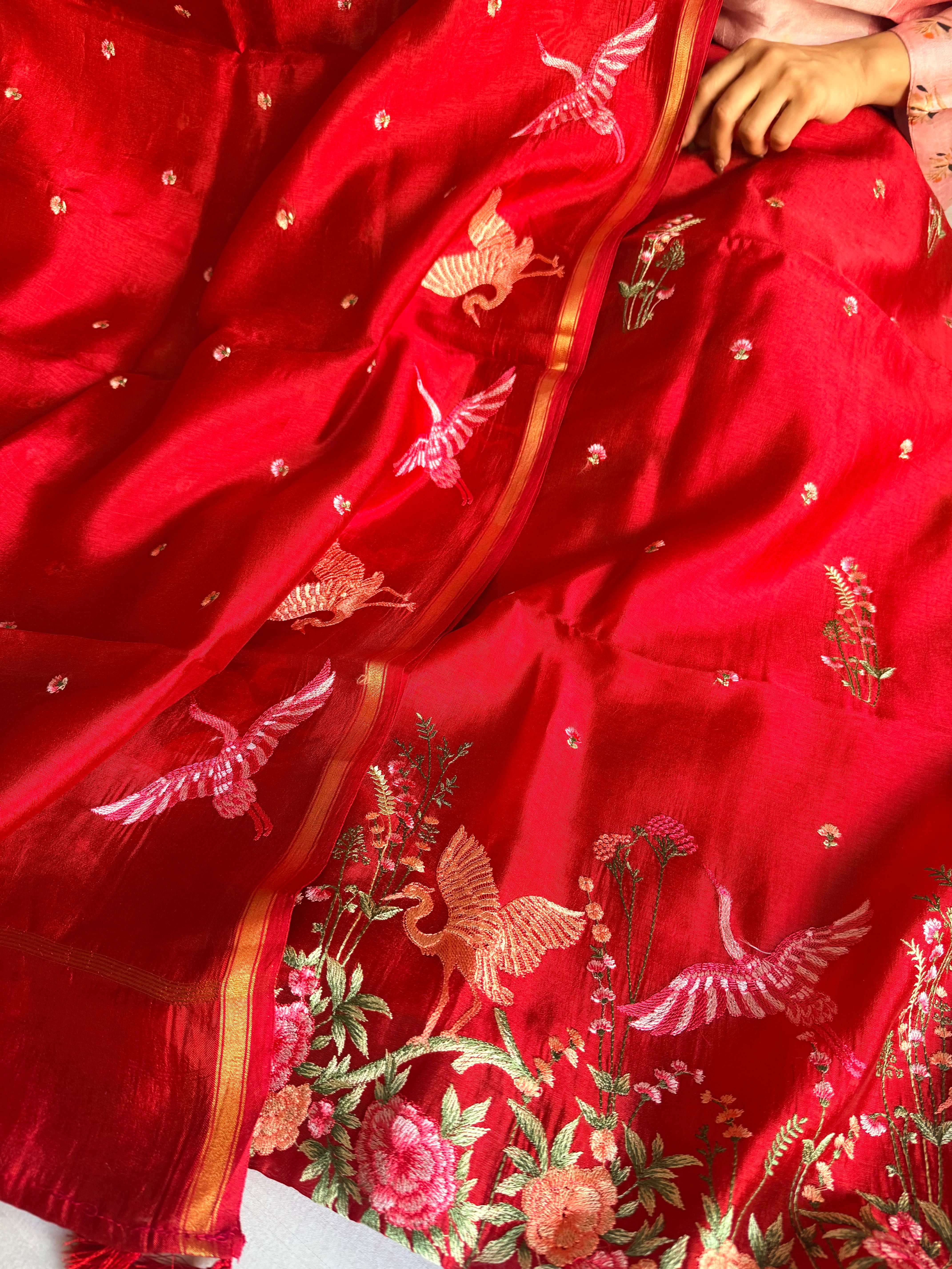 Suits under 10k - Spun chiniya silk parsi gara hand embroidered suit set