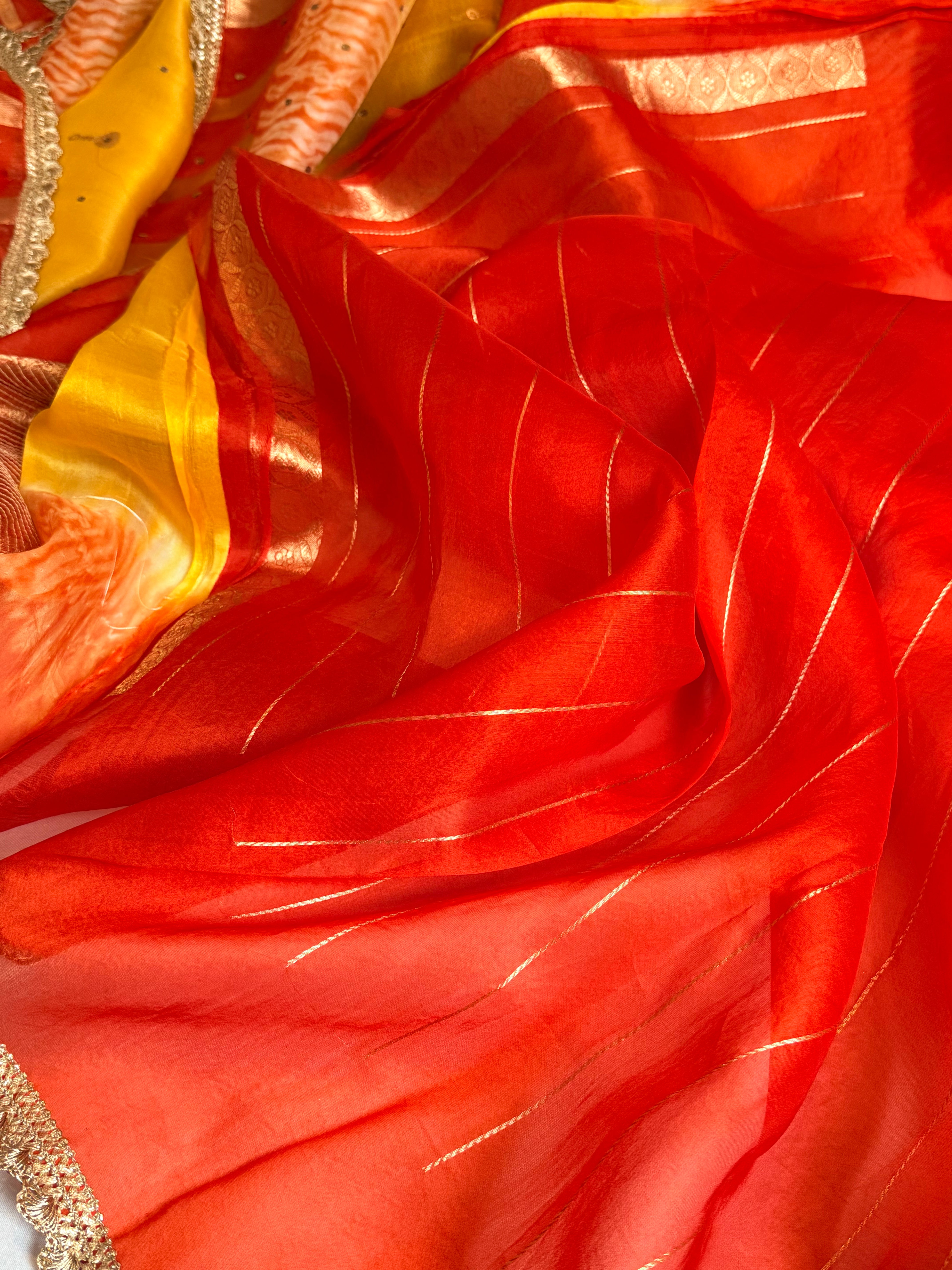 Shibori dye kora silk salma sitara work hand embroidered sequins saree