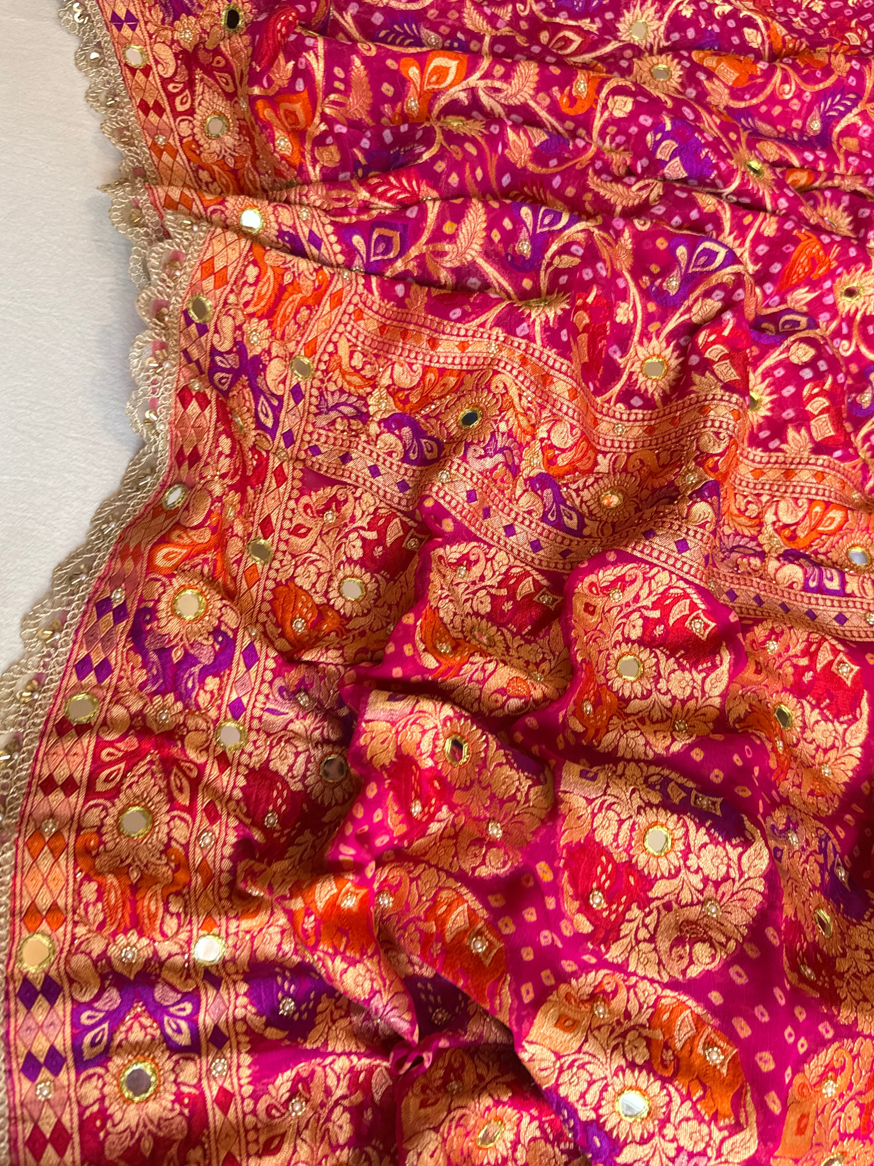 Banarasi chiffon gorgette rai bandhej kadhwa weaving hand embroidered saree