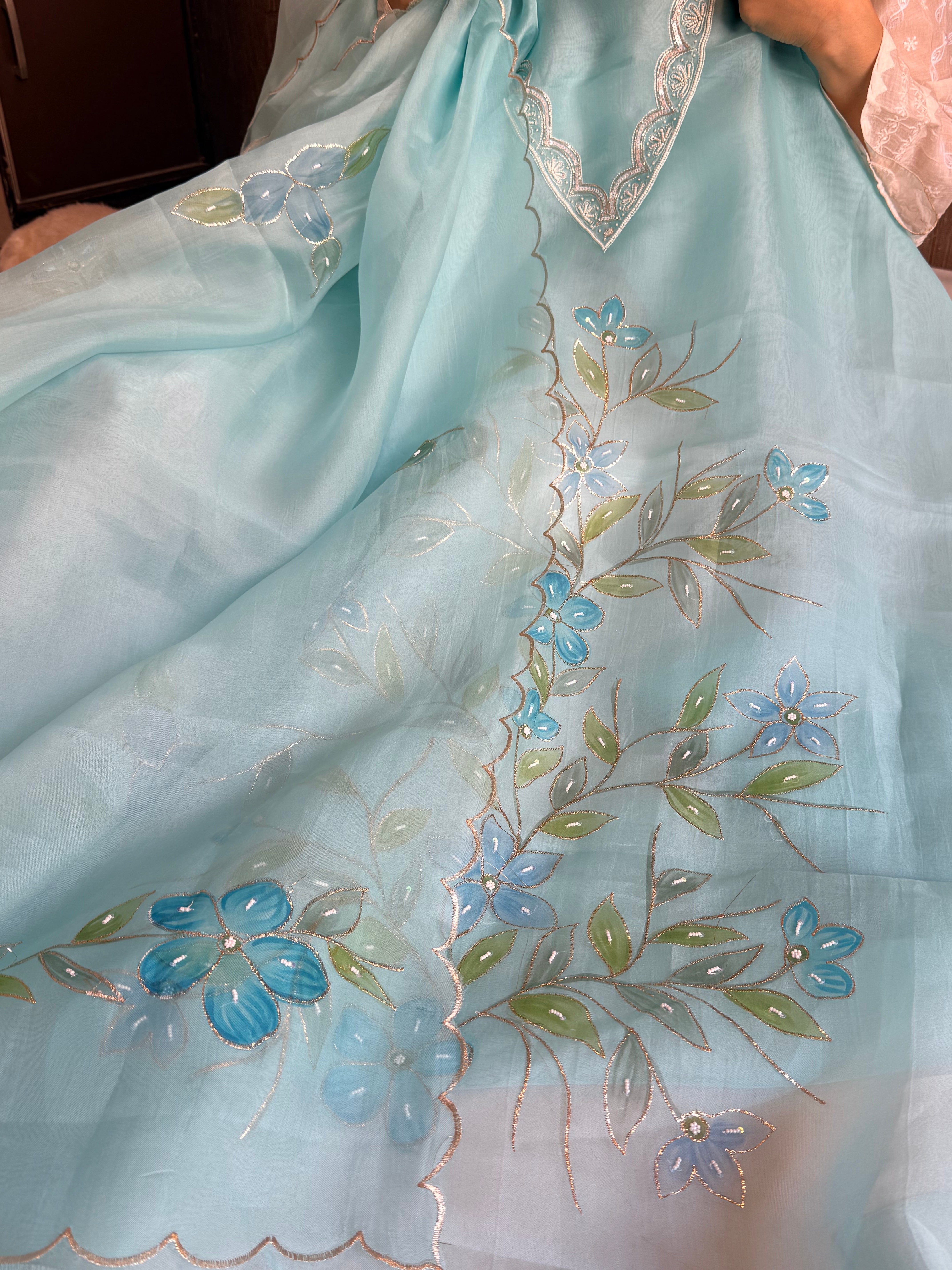 Baagicha edit - Banarasi kora silk handpainted floral hand embroidered suit set