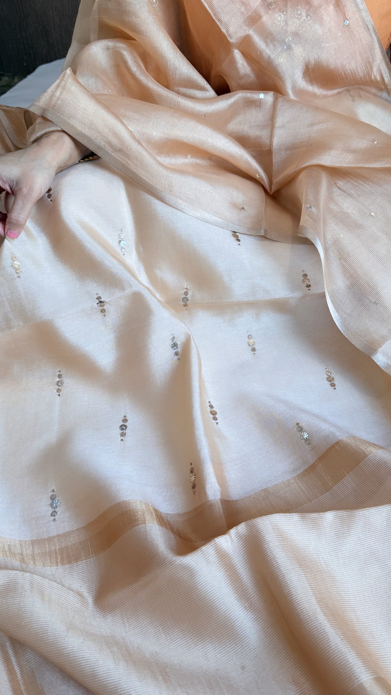 Summer suit edit - Spun chiniya silk mukaish work biscuit gold hand embroidered suit set