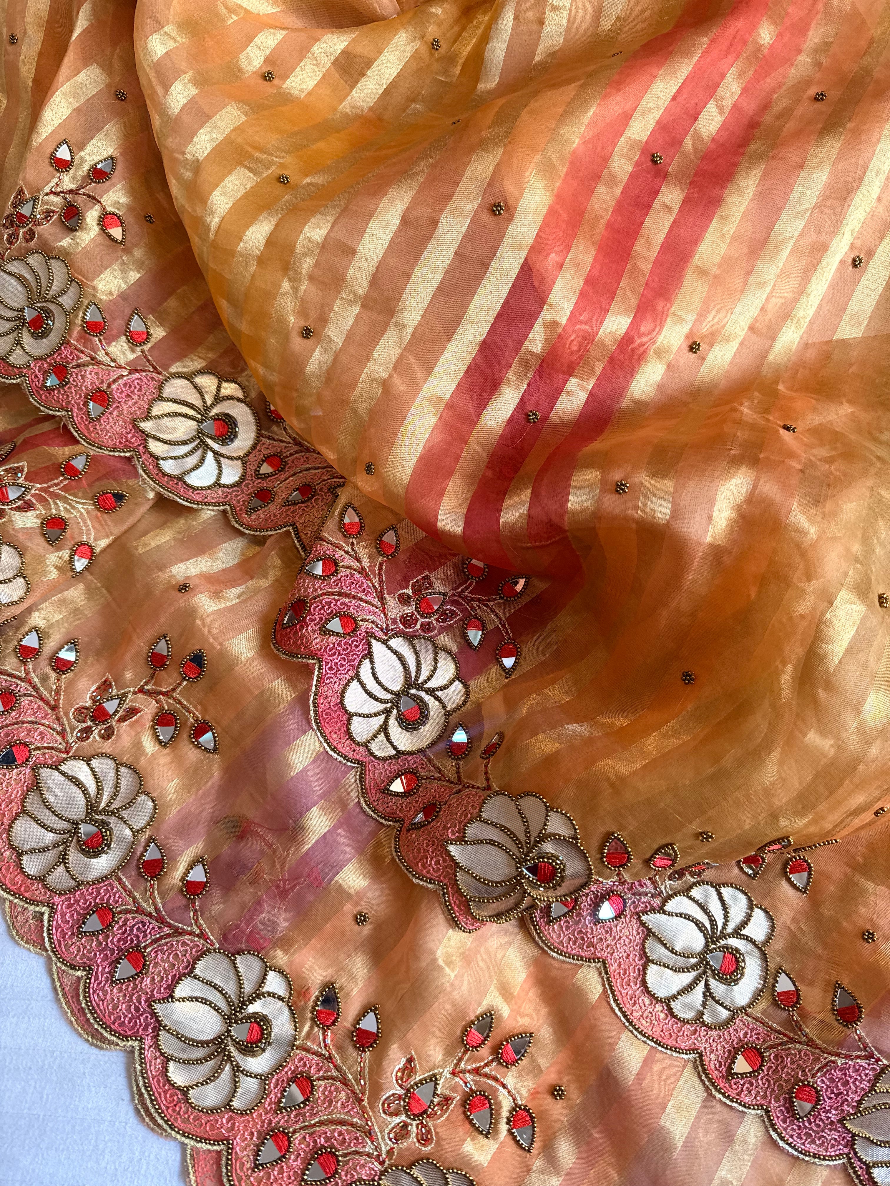 Phool wali rangeen tissue silk striped rangkaat hand embroidered saree