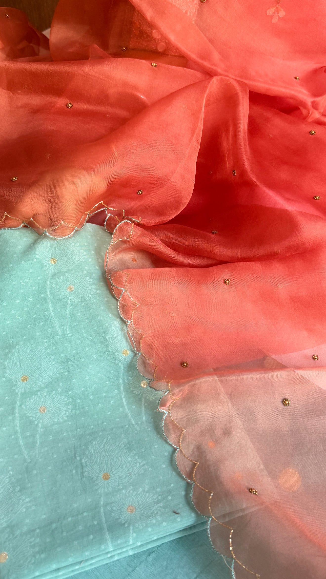 Summer suits under 8k - Mul cotton ice blue kurta paired with kora silk scalloped peachy orange duppata set