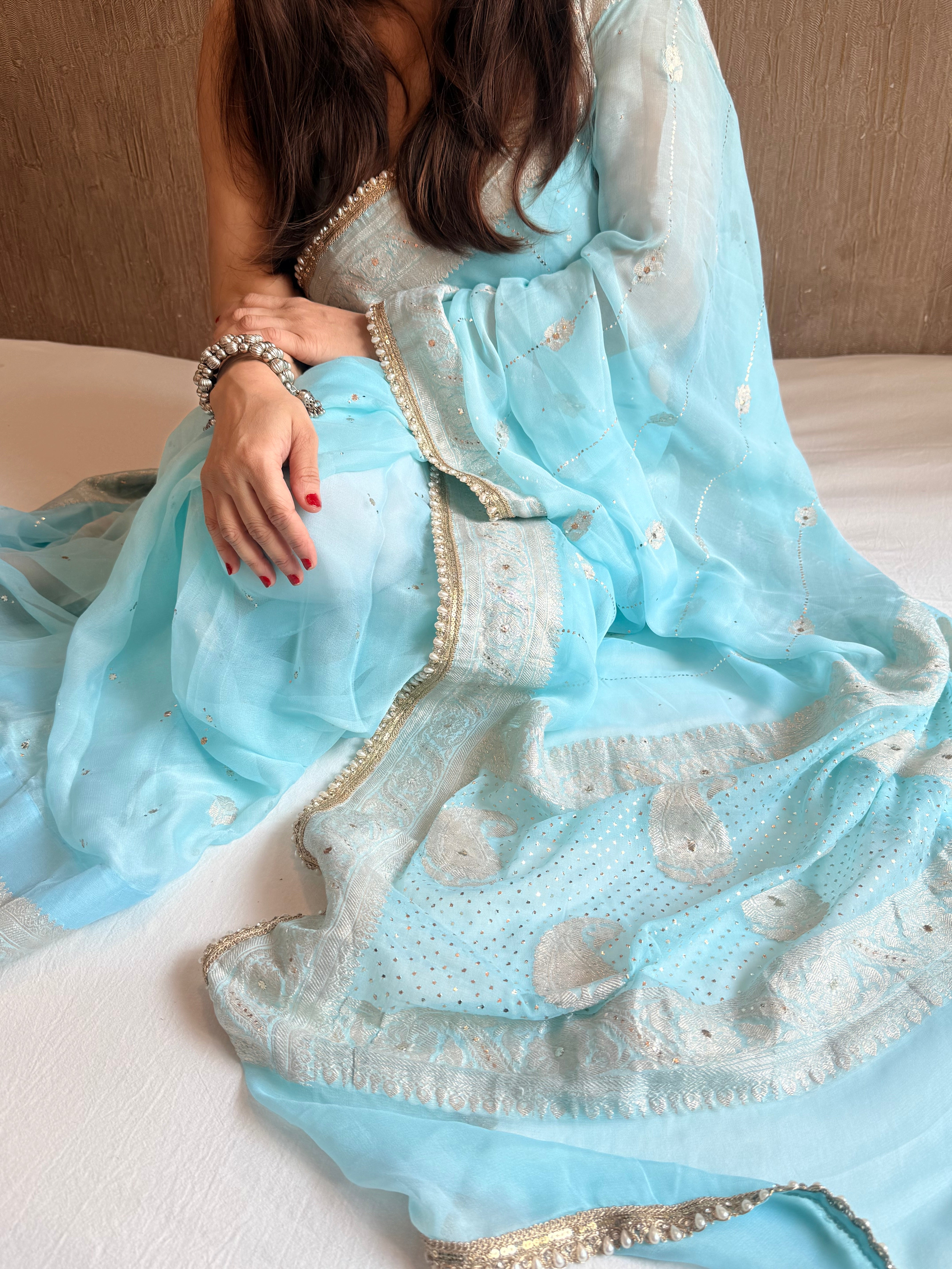 Chiffon gorgette banarasi firozi blue mukaish work hand embroidered saree