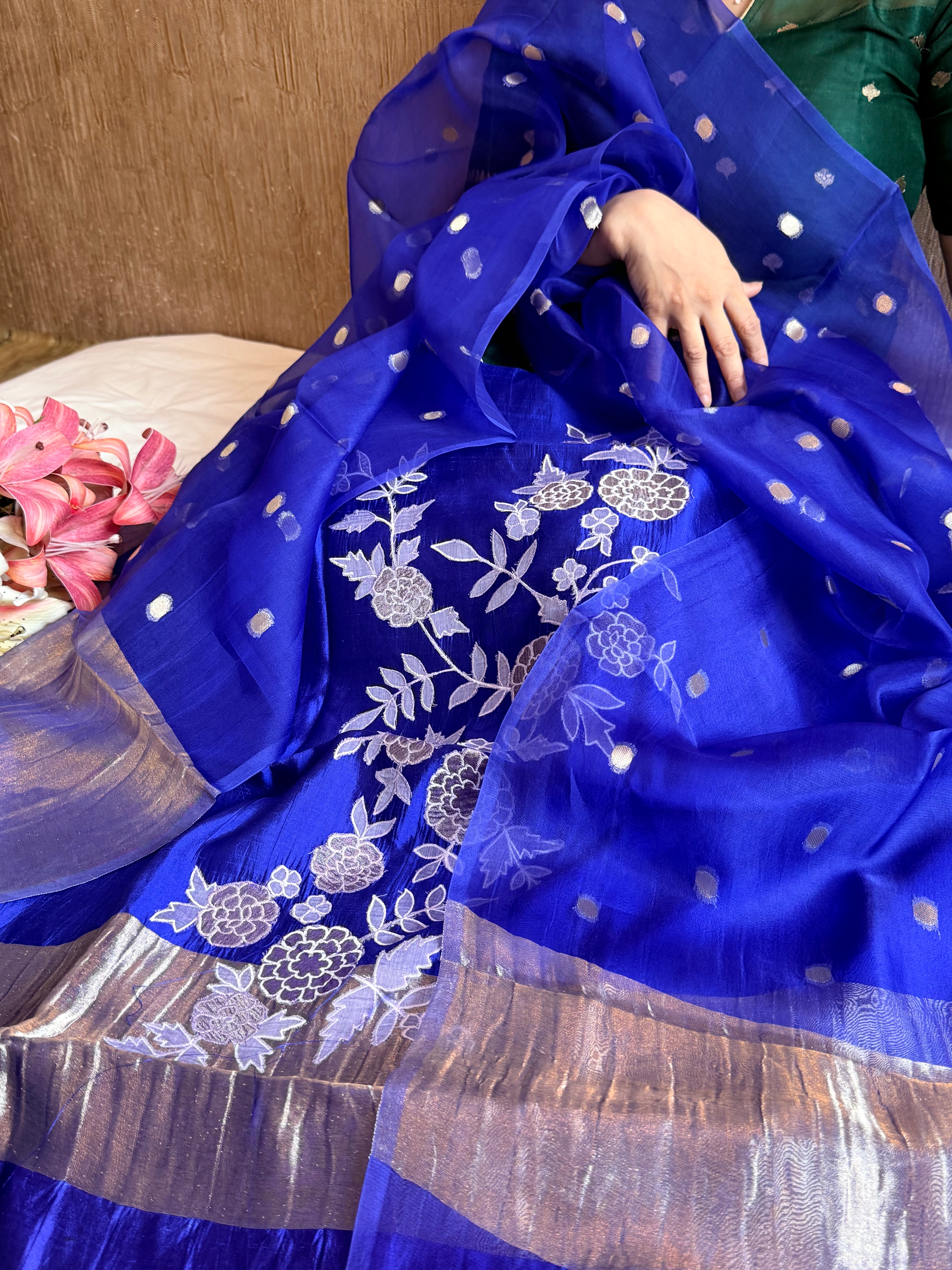 Mango tissue silk appliqué work suit set with kora tissue duppata