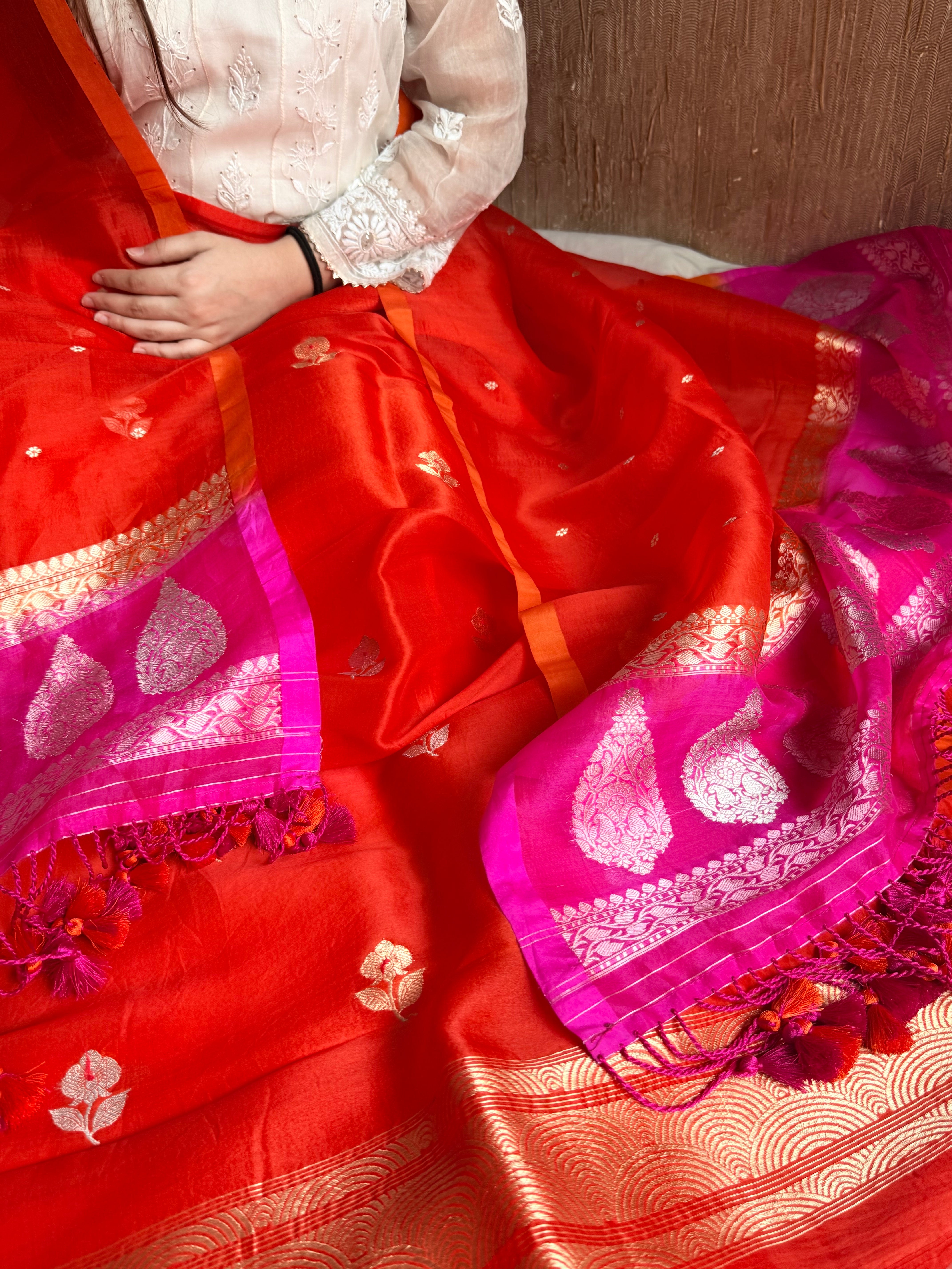 Red rani & orange shaded kora silk chal dye kadhwa banarasi suit set