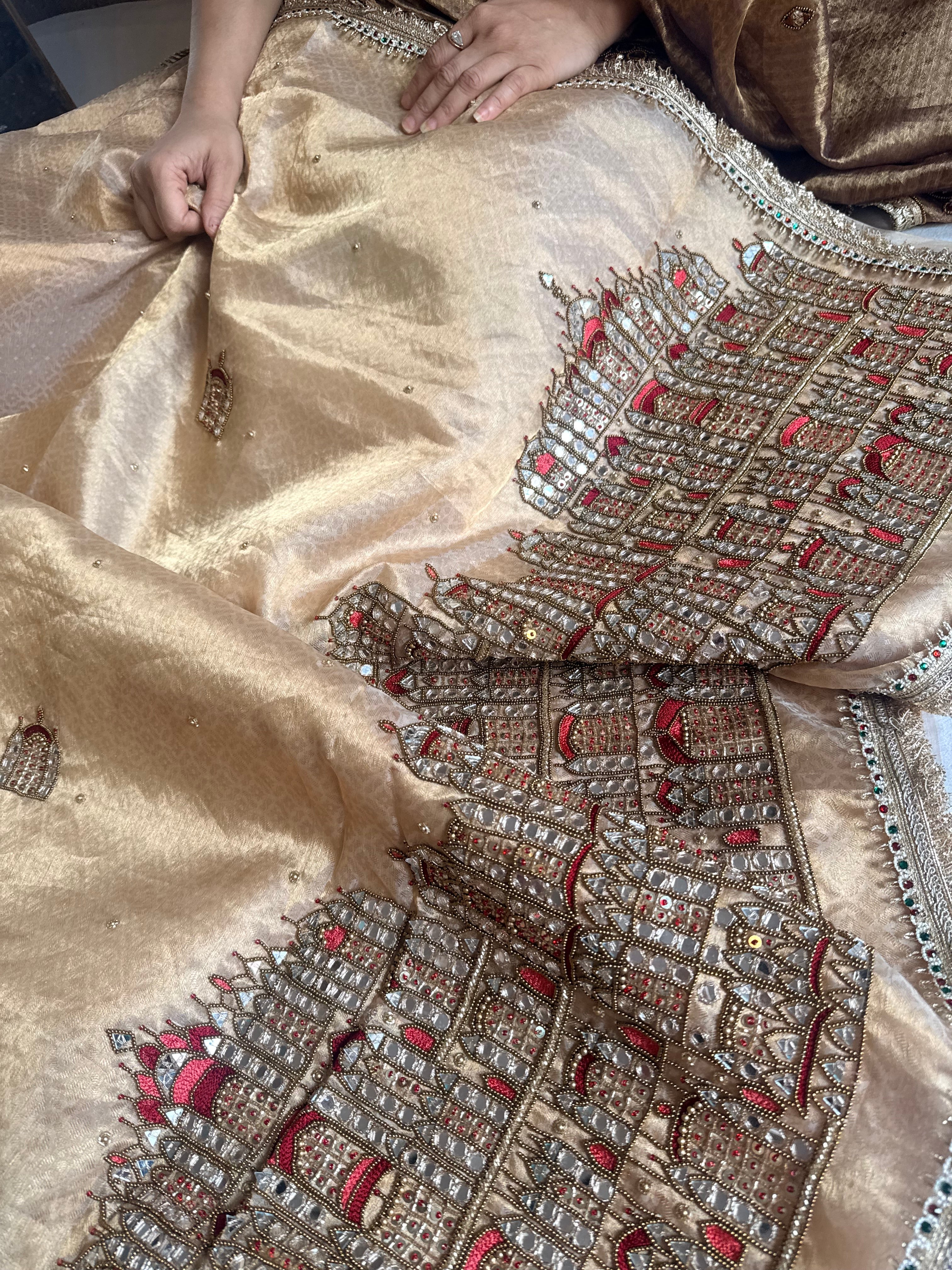 Sheeshmahal golden tissue silk hand embroidered mirrorwork