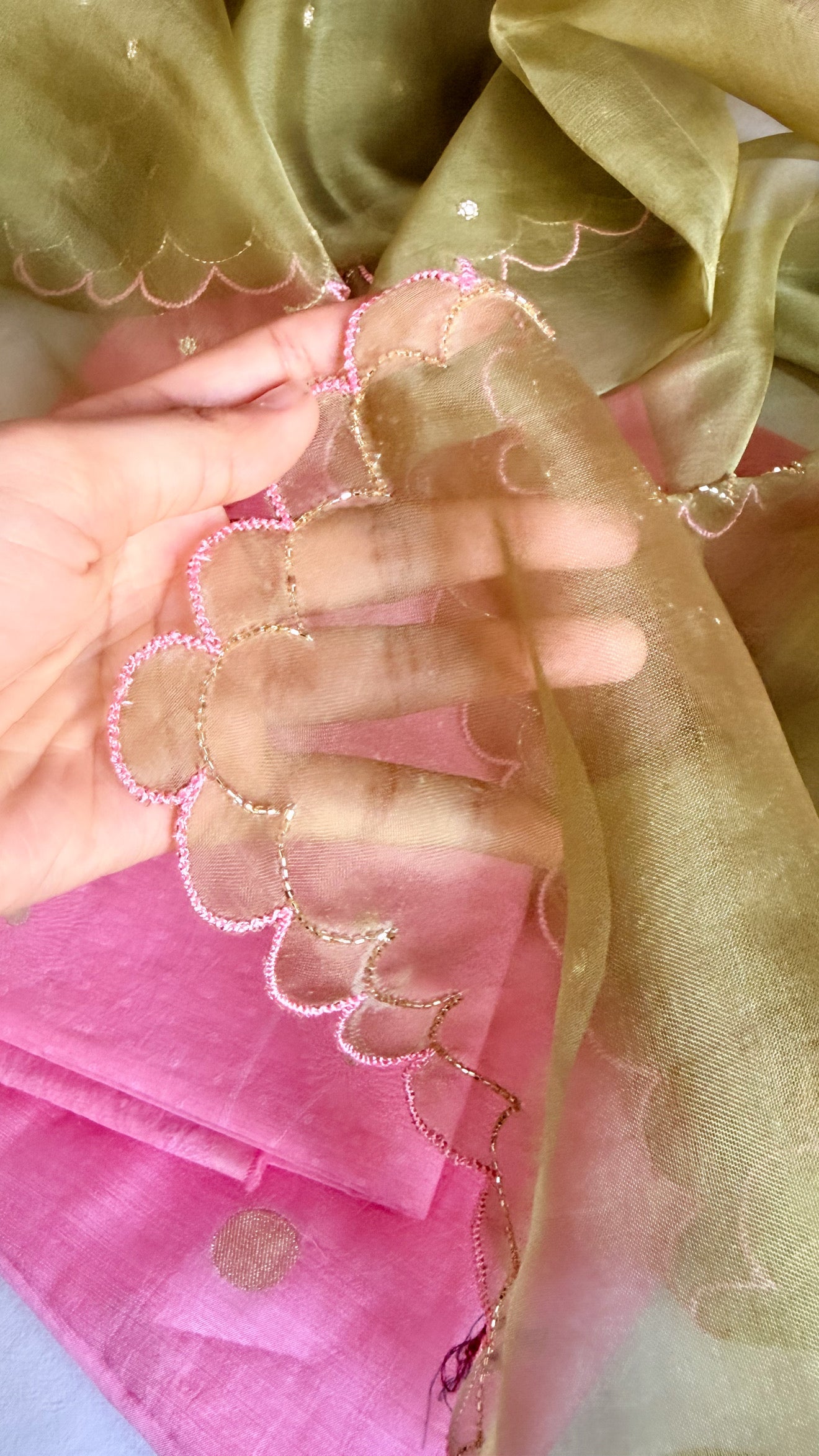 Summer suits under 8k - Mul cotton pink kurta paired with kora silk scalloped green duppata set