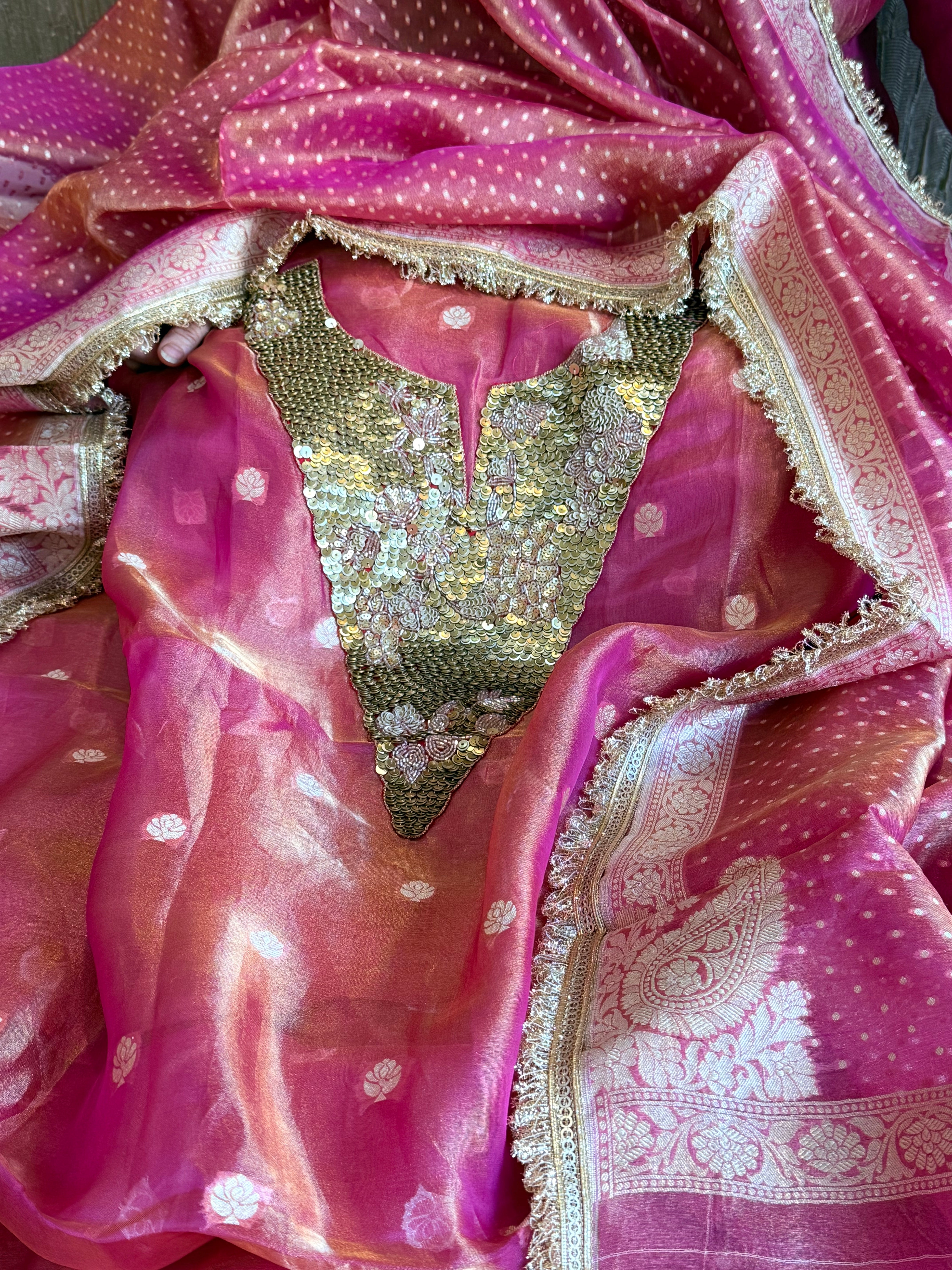 Karwachauth edit tissue silk sequins work hand embroidered suits