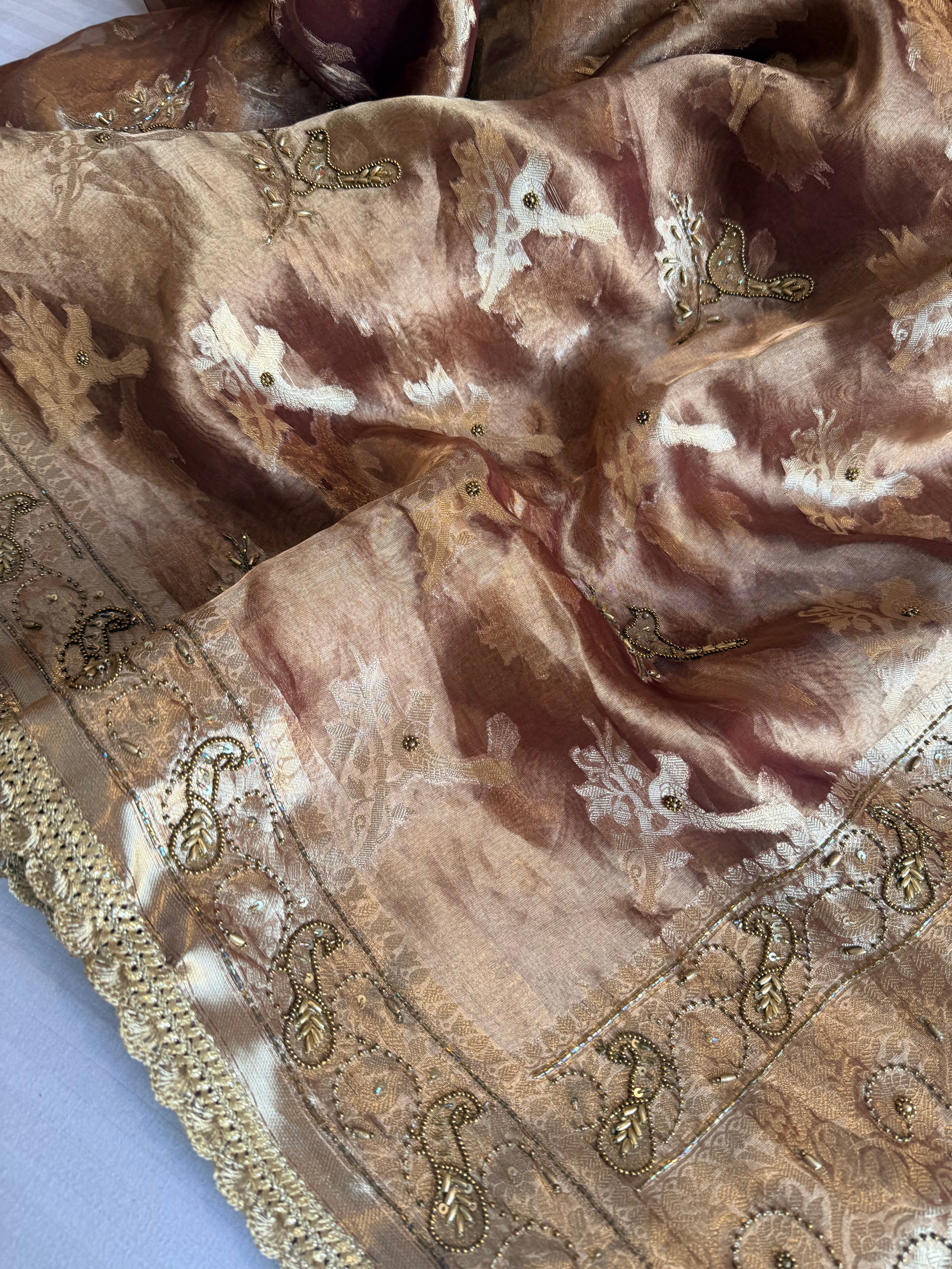 Chiraiya wali saree - Choco brown tissue silk figure motif weaving and hand embroidered saree