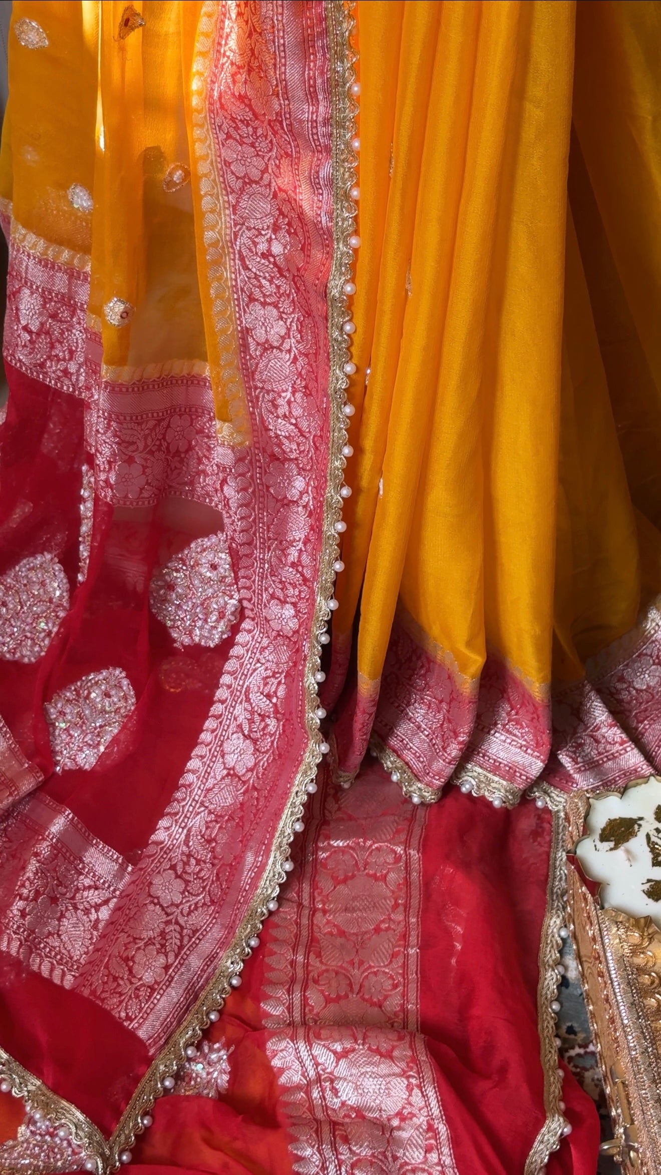 Poonam inspired muhdikhai wali chiffon gorgette banarasi hand embroidered saree