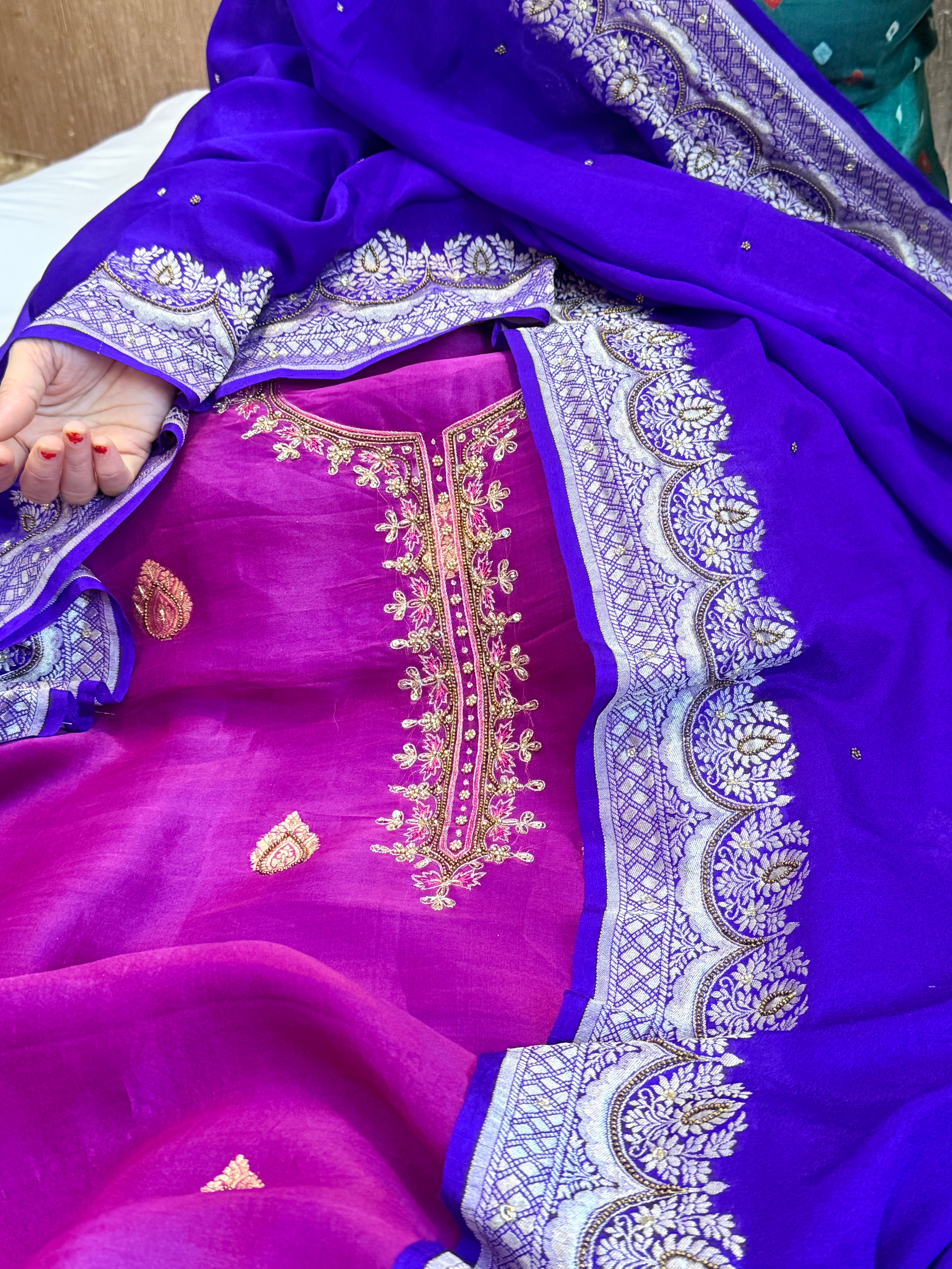 Electric purple-blue kora silk gotapatti hand embroidered suit set