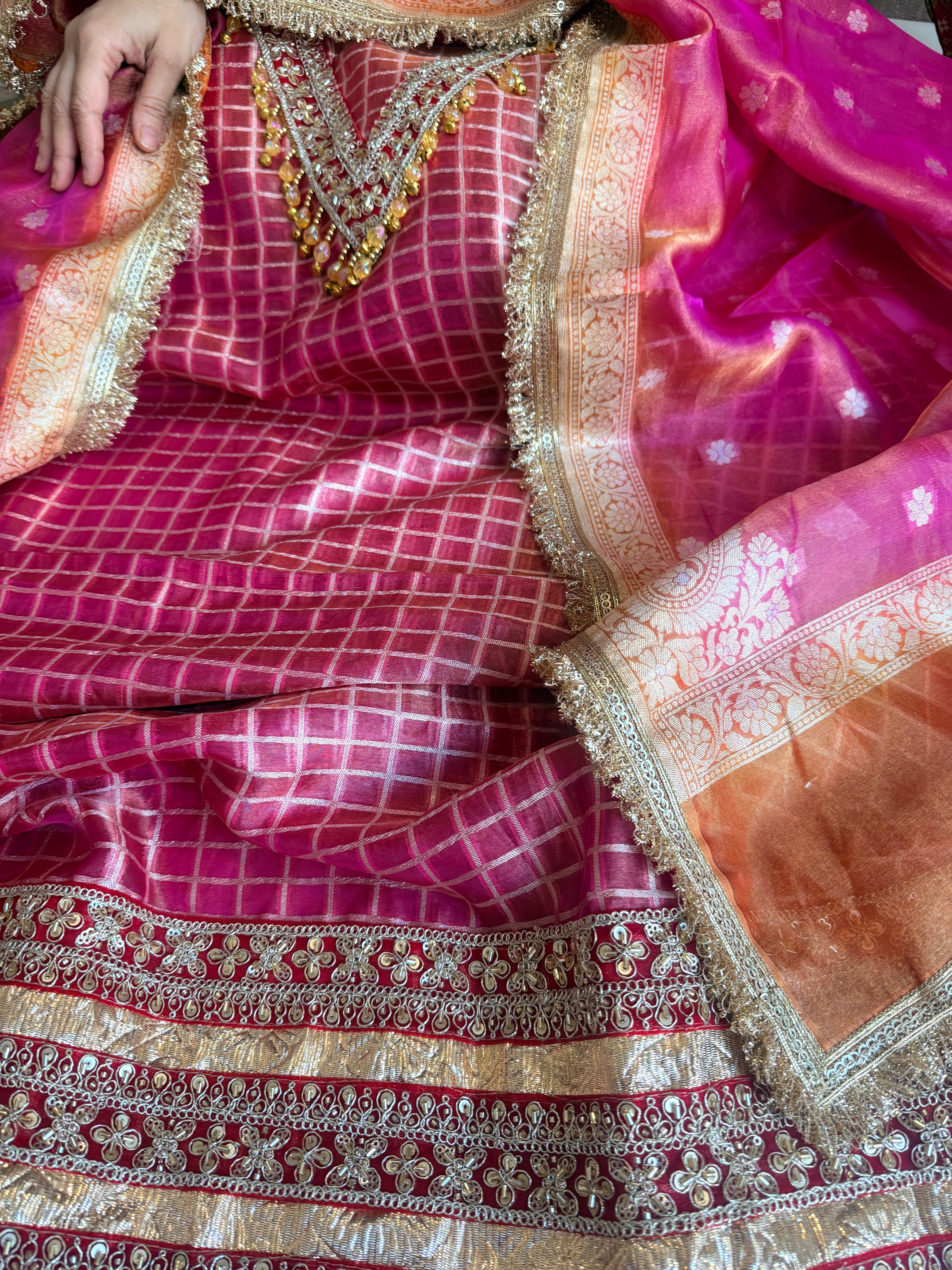 Banarasi tissue silk lampiwork chap dye hand embroidered embellished suit set