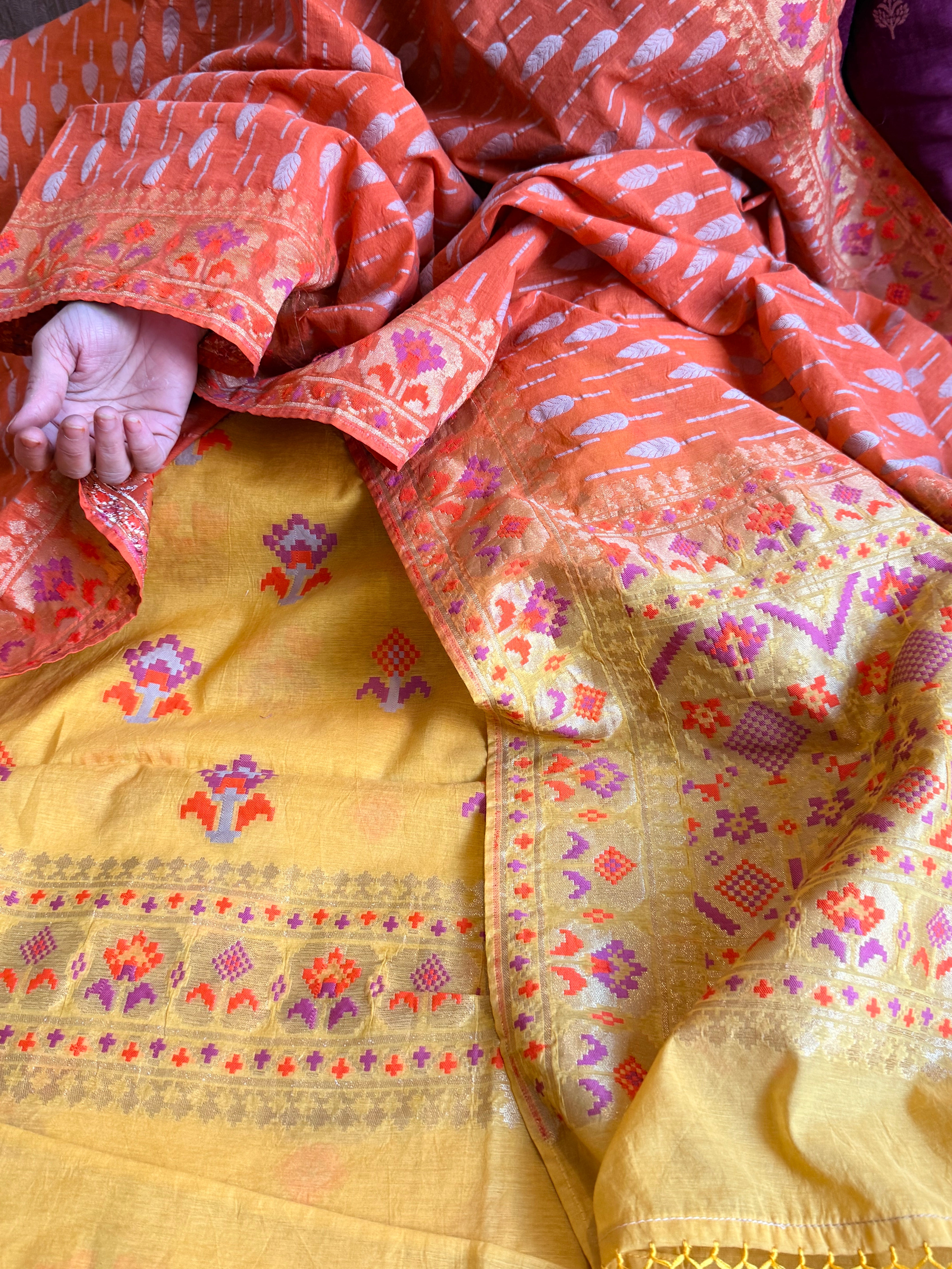Mul cotton banarasi kadhwa buti haldi yellow - orange suit set