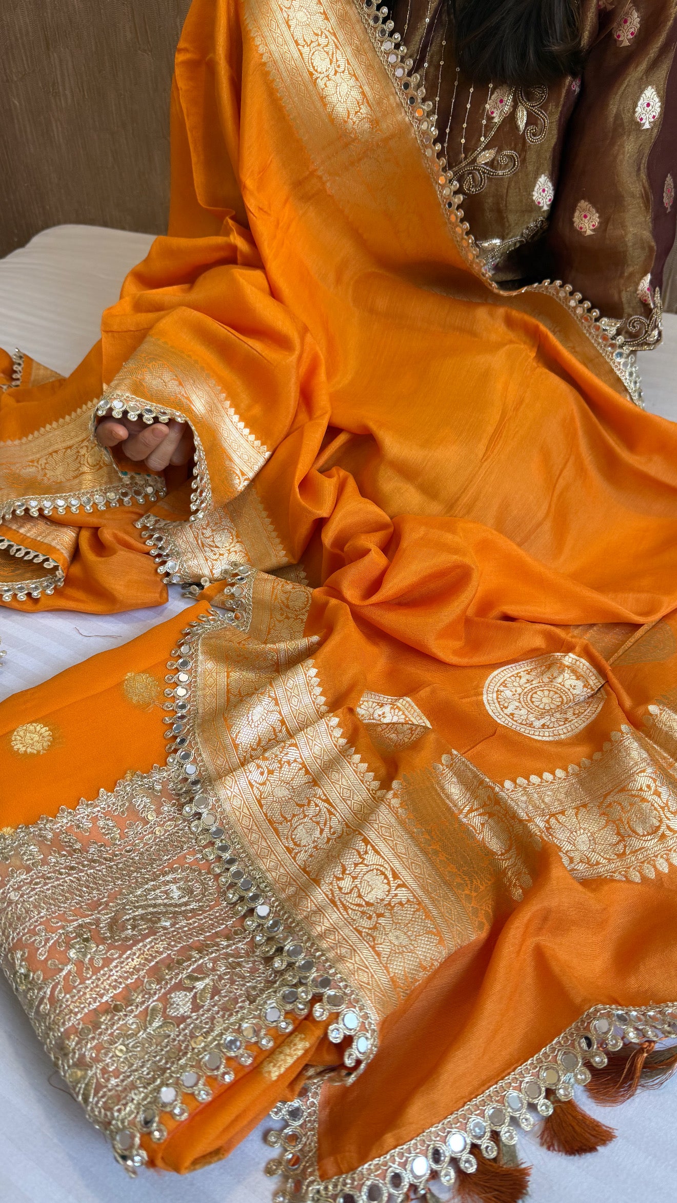 Banarasi mango shade gorgette kadhwa mirror work gotapatti suit set