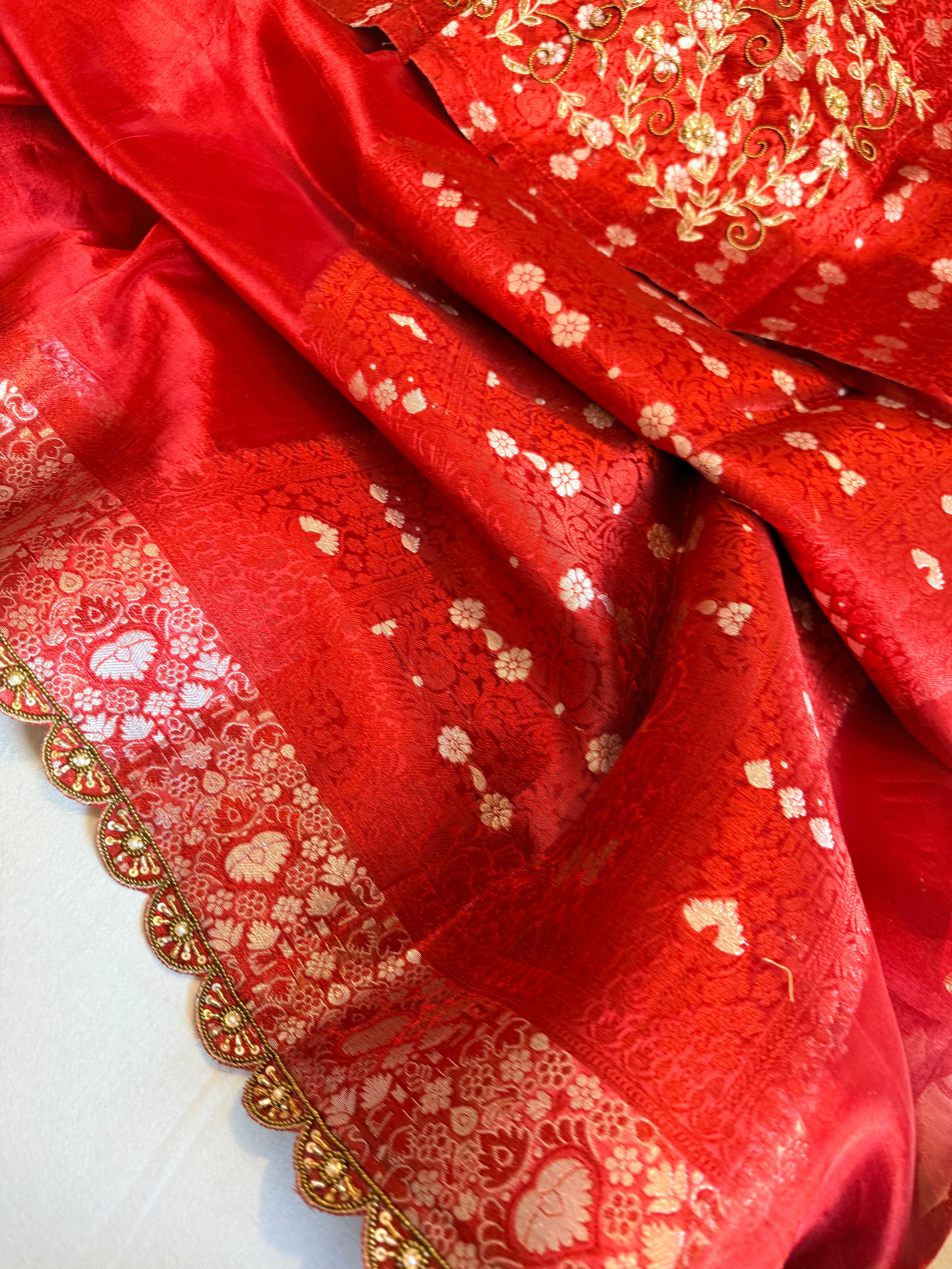 Rose red husn tissue silk hand embroidered kadhwa saree with heavy blouse