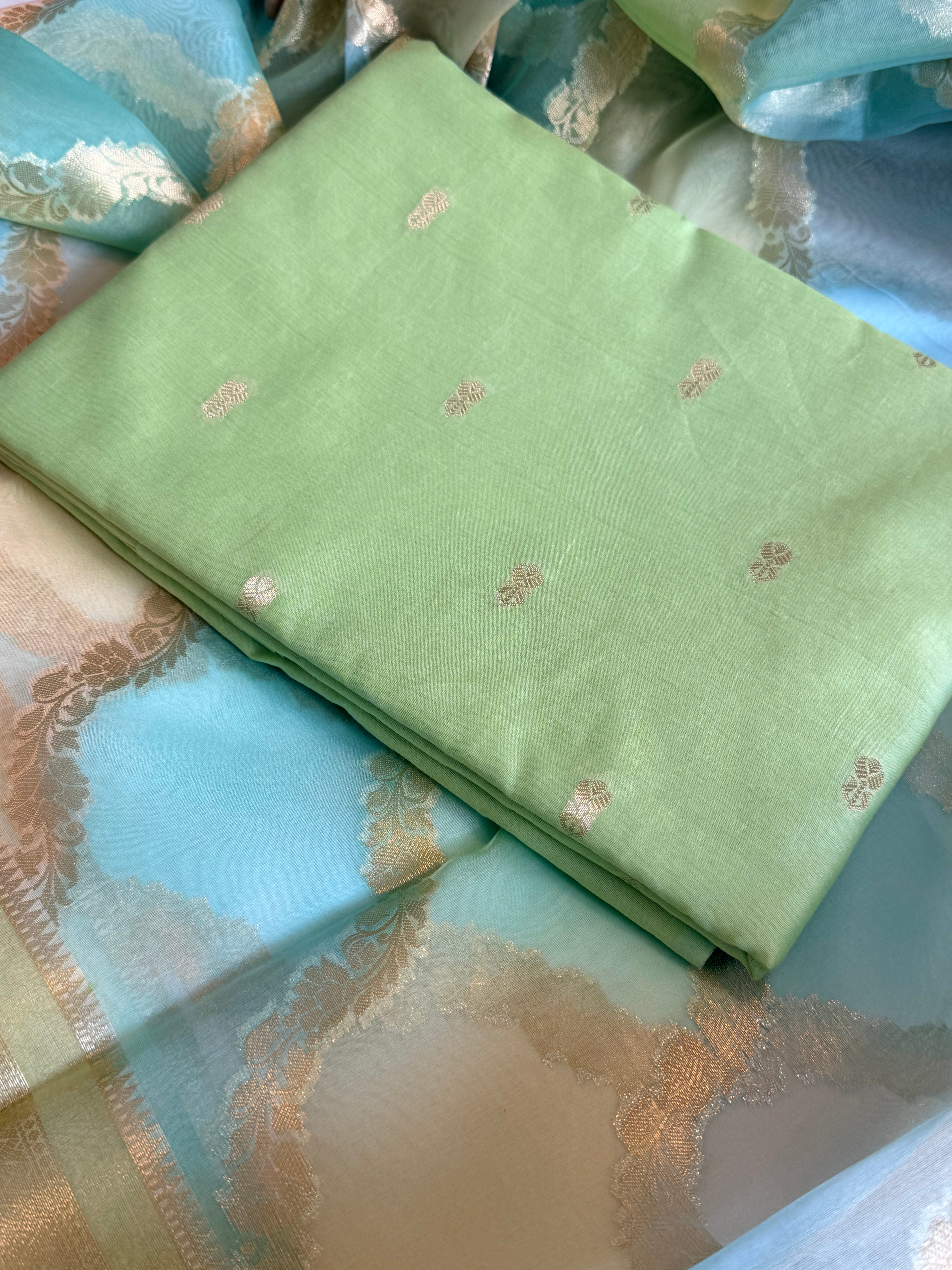 Banarasi chiniya silk kurta paired with candy colours rangkaat kora silk duppata