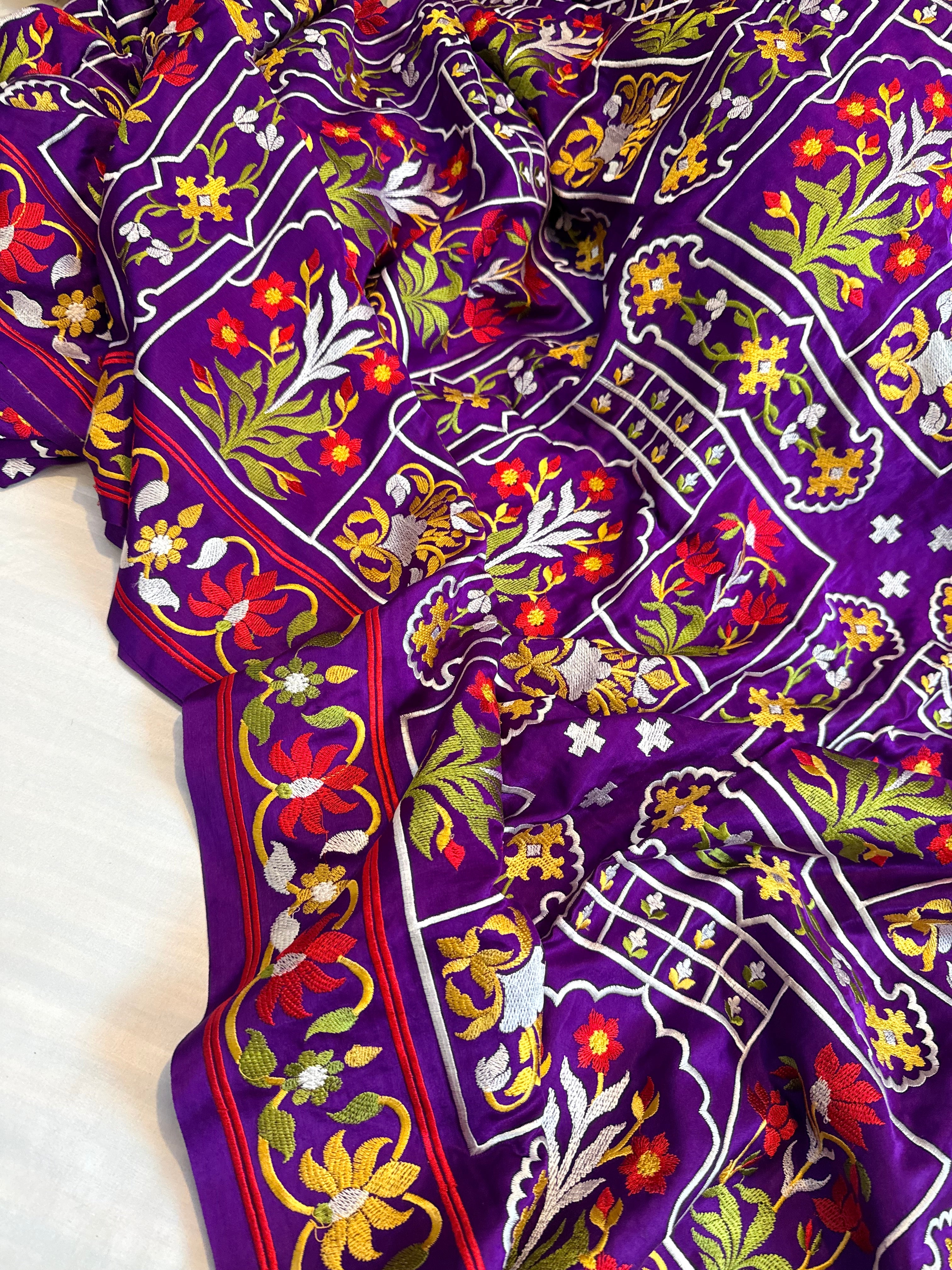 Jamdani hand embroidered purple mashru silk thread embroidered saree