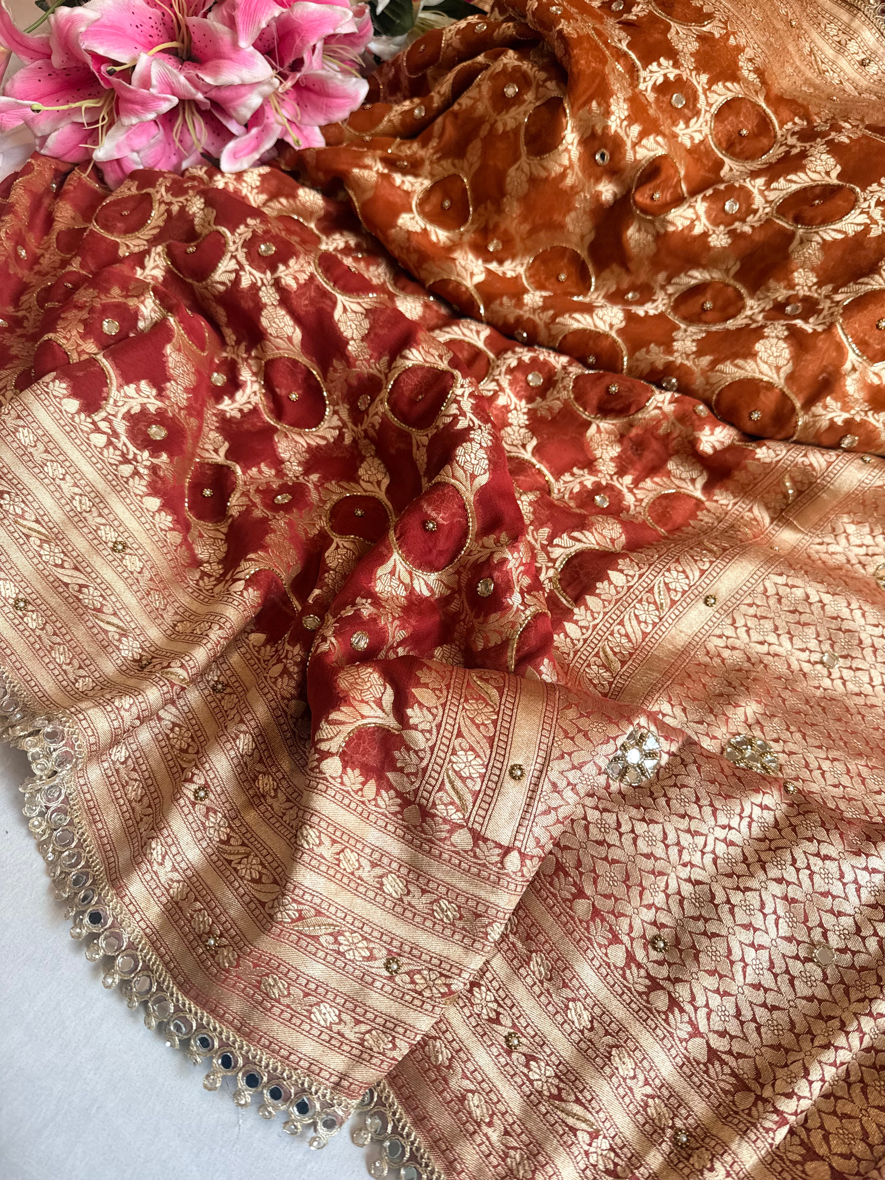 Chiffon gorgette rust red ombre shaded hand embroidered kadhwa saree