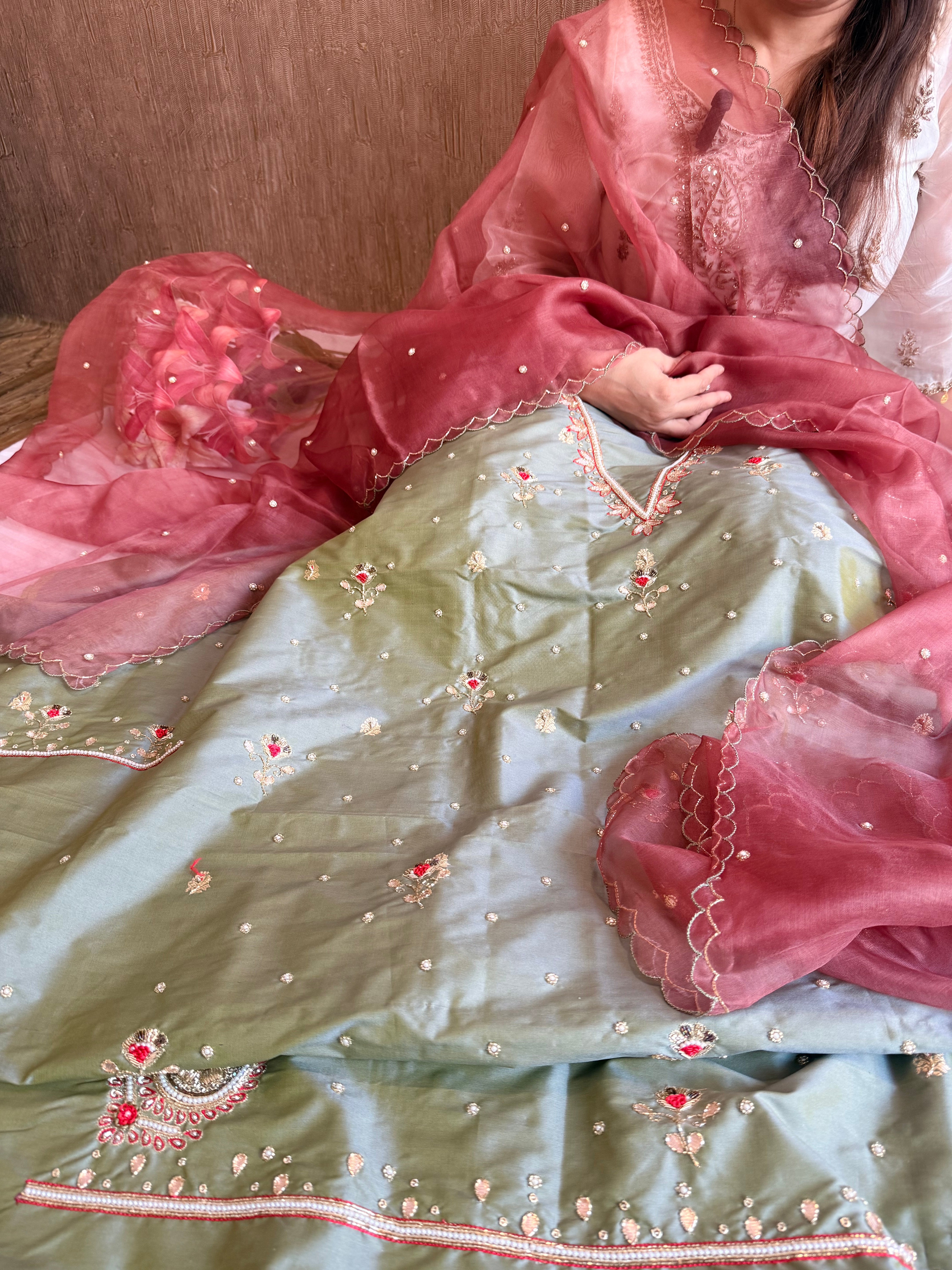 Katan silk hand embroidered banarasi kurta paired with kora silk duppata