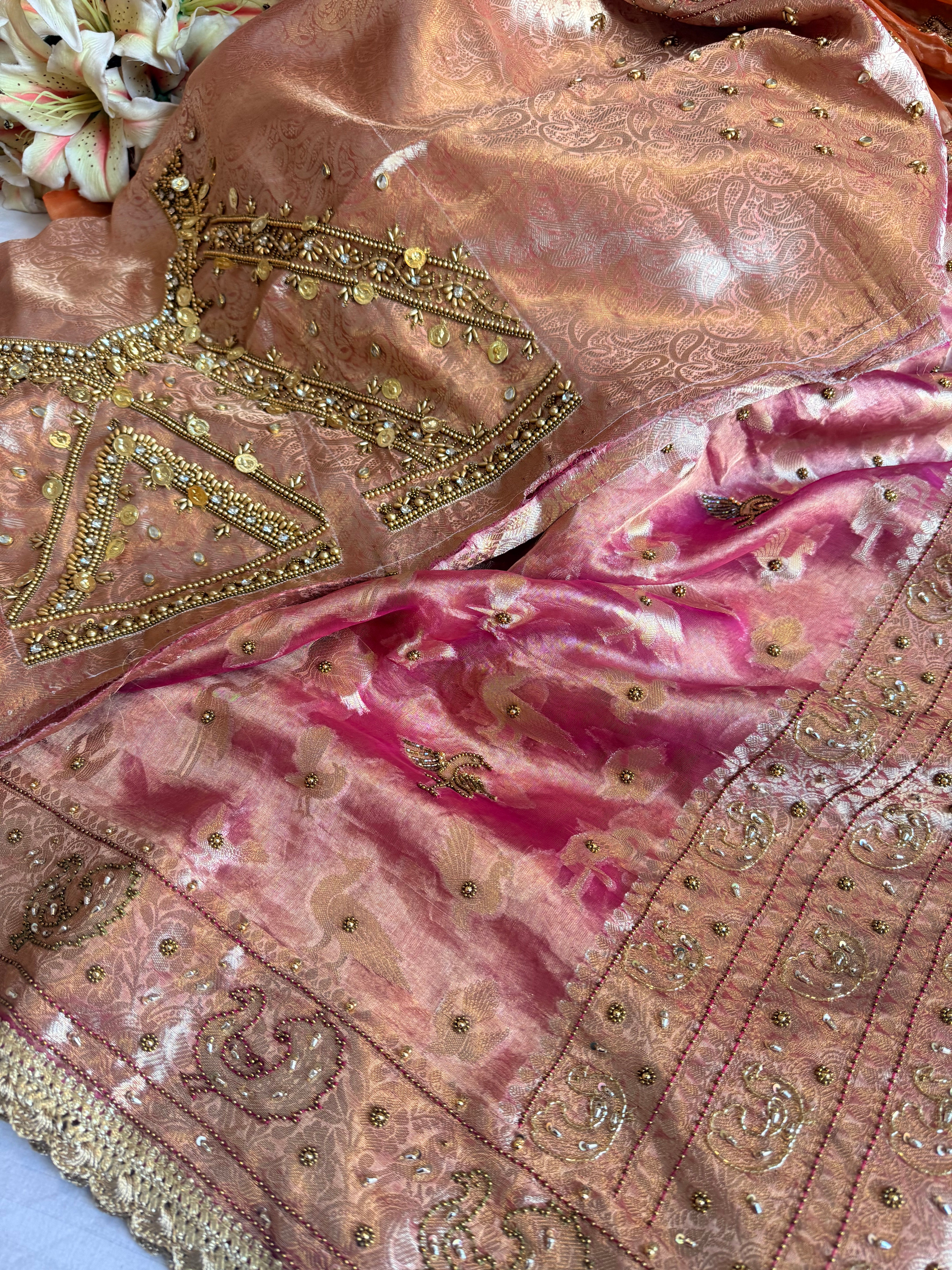 Chiraiya wali saree - Cherry pink tissue silk figure motif weaving and hand embroidered saree