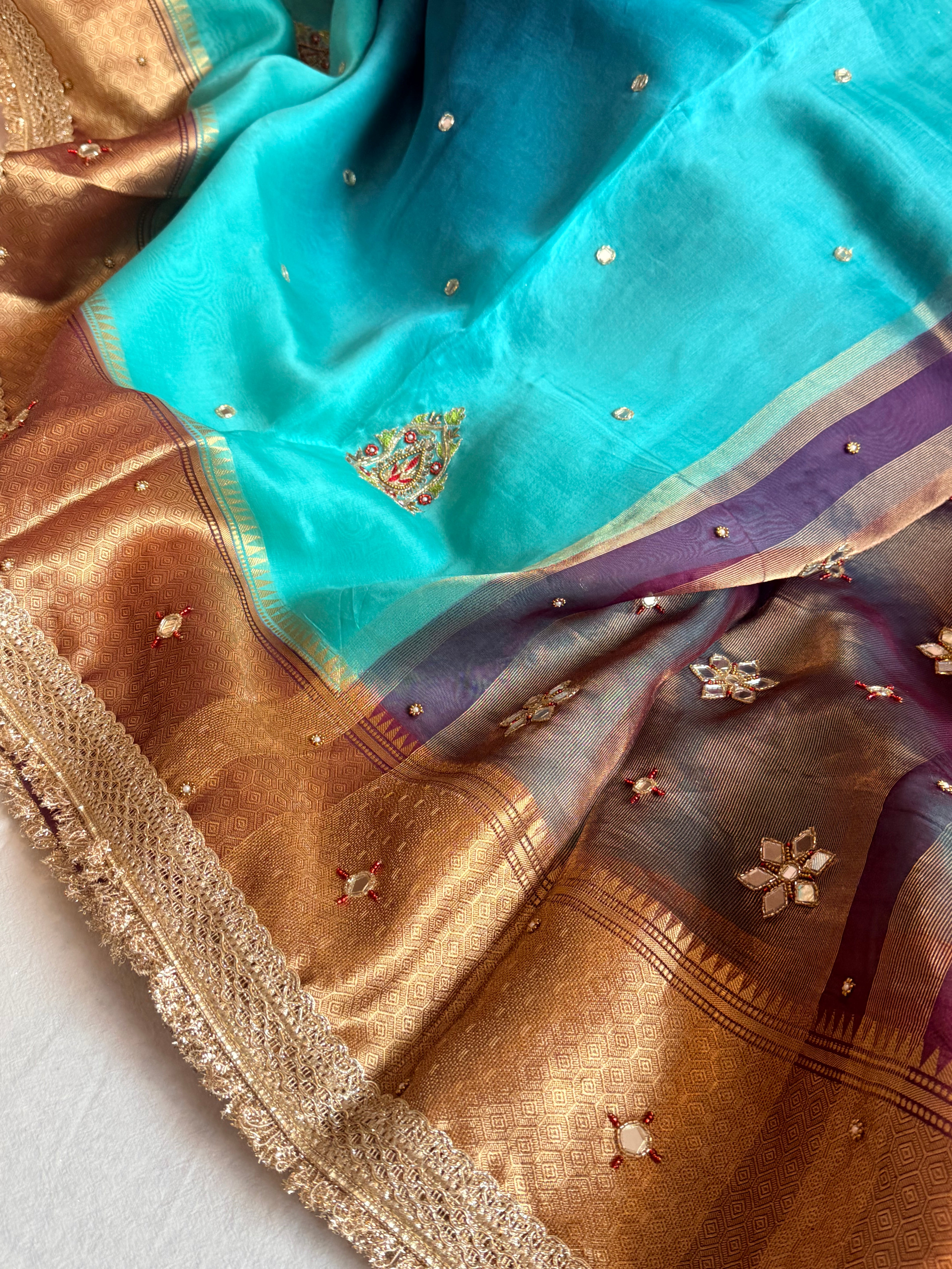 Husn ganga jamuna contrast border kora silk hand embroidered saree