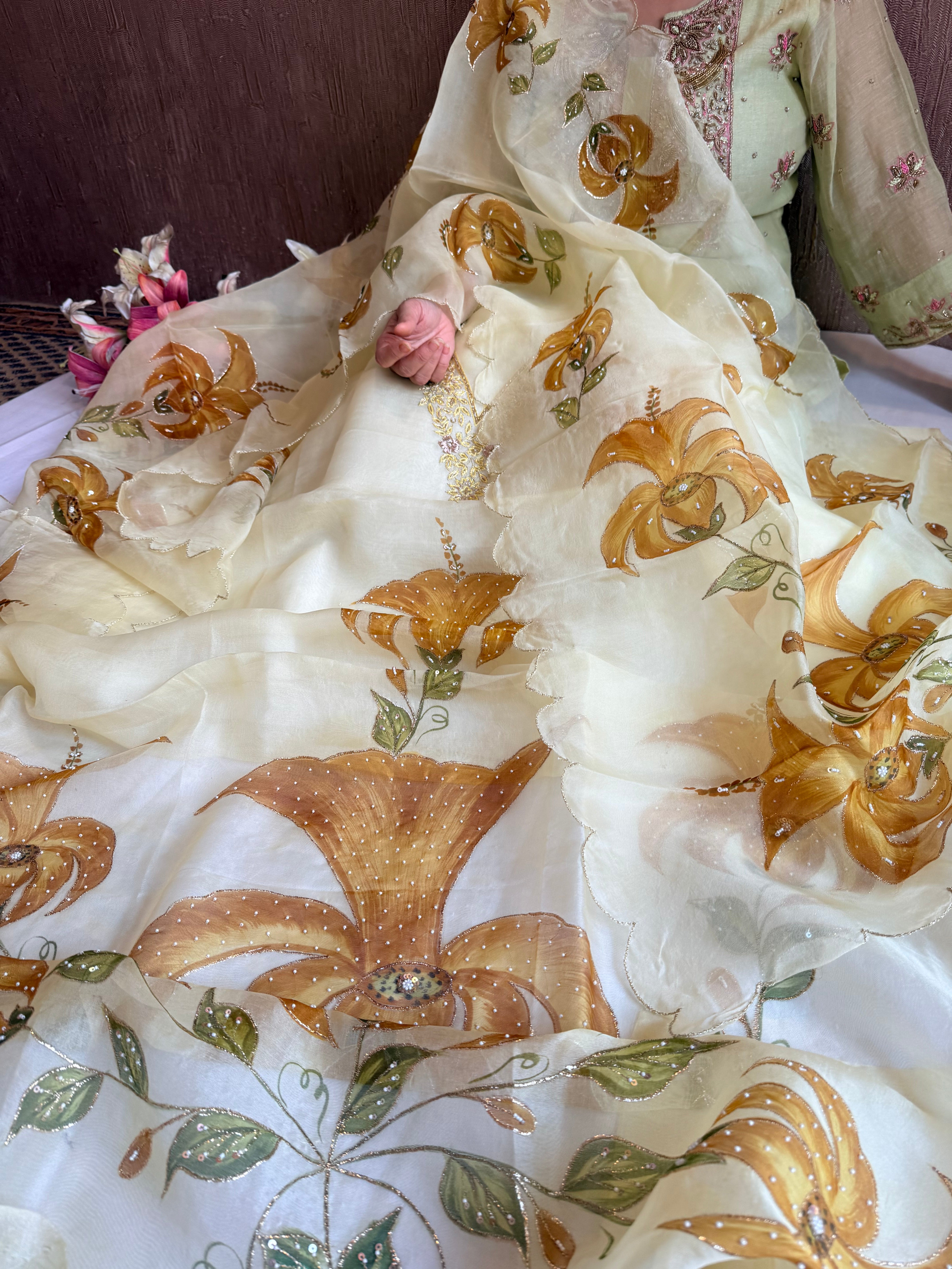 Banarasi Kora silk hand embroidered floral printed suit set